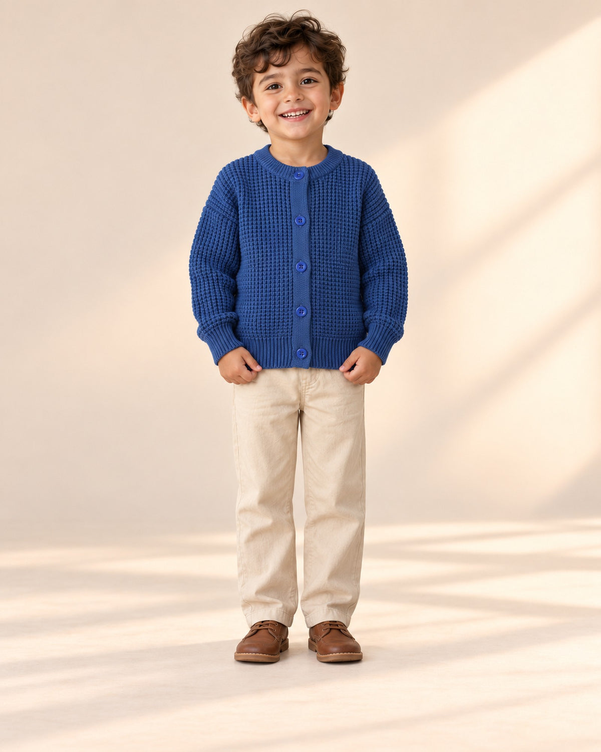 Front view of a boy in the cobalt blue cardigan worn open over a blue Breton stripe tee, full length – Cobalt Blue