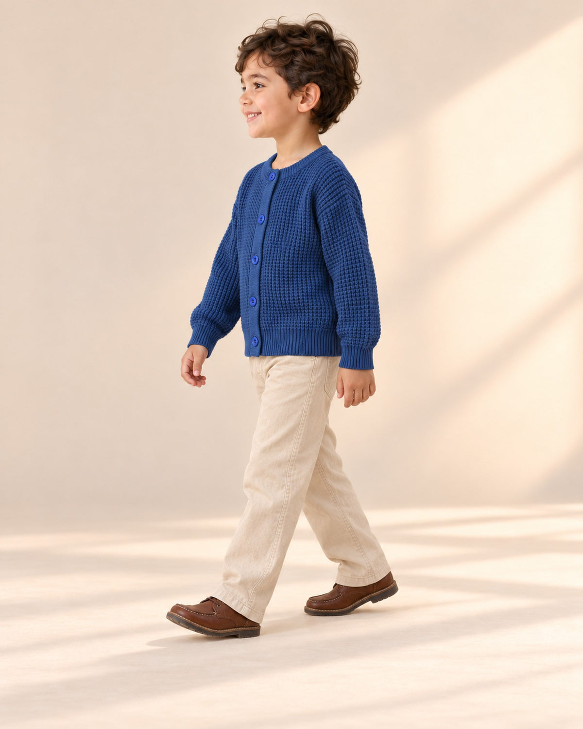 Side view of the cobalt blue waffle cardigan over the striped tee – Cobalt Blue