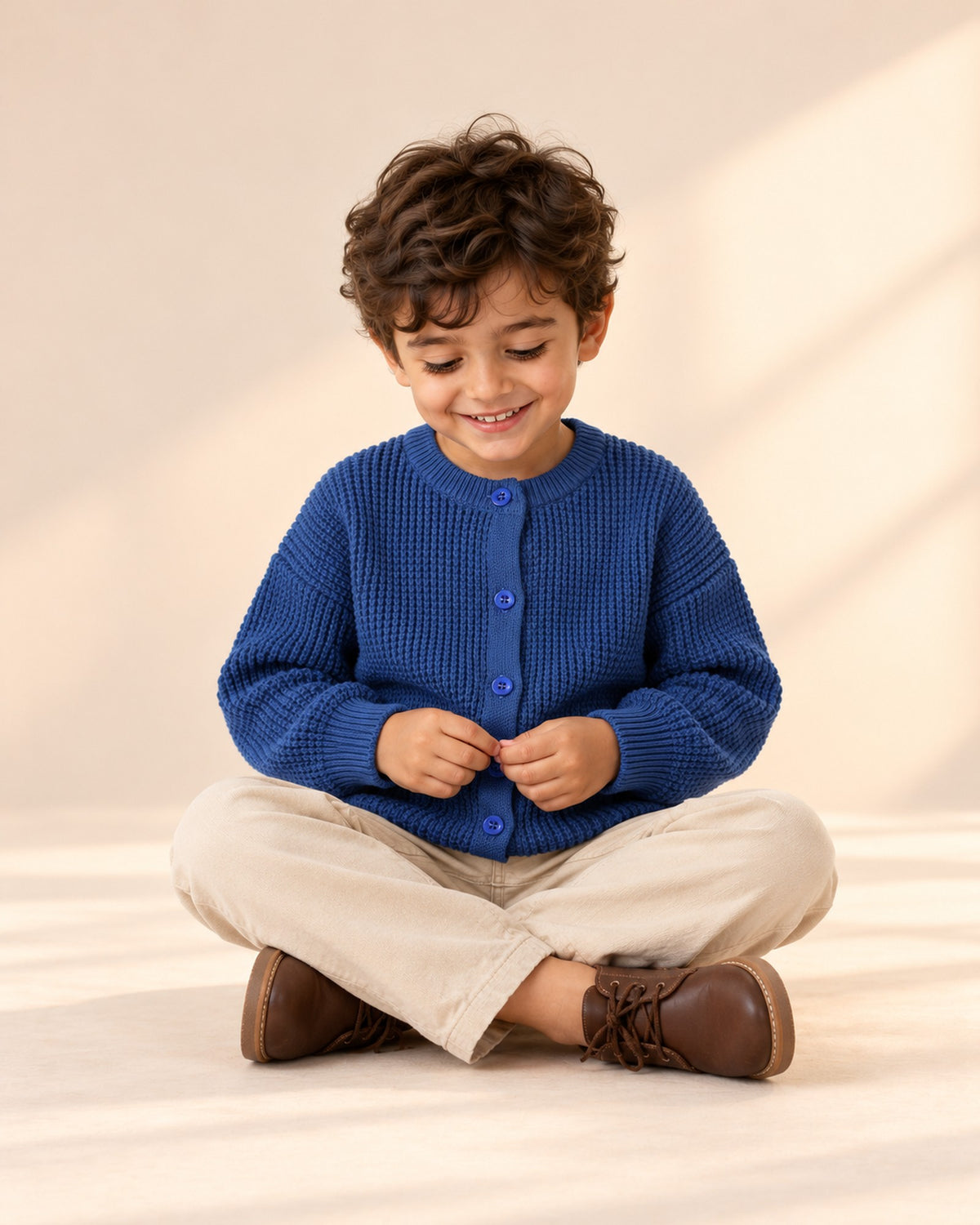 Boy in a relaxed pose wearing the open cobalt blue cardigan and striped tee – Cobalt Blue