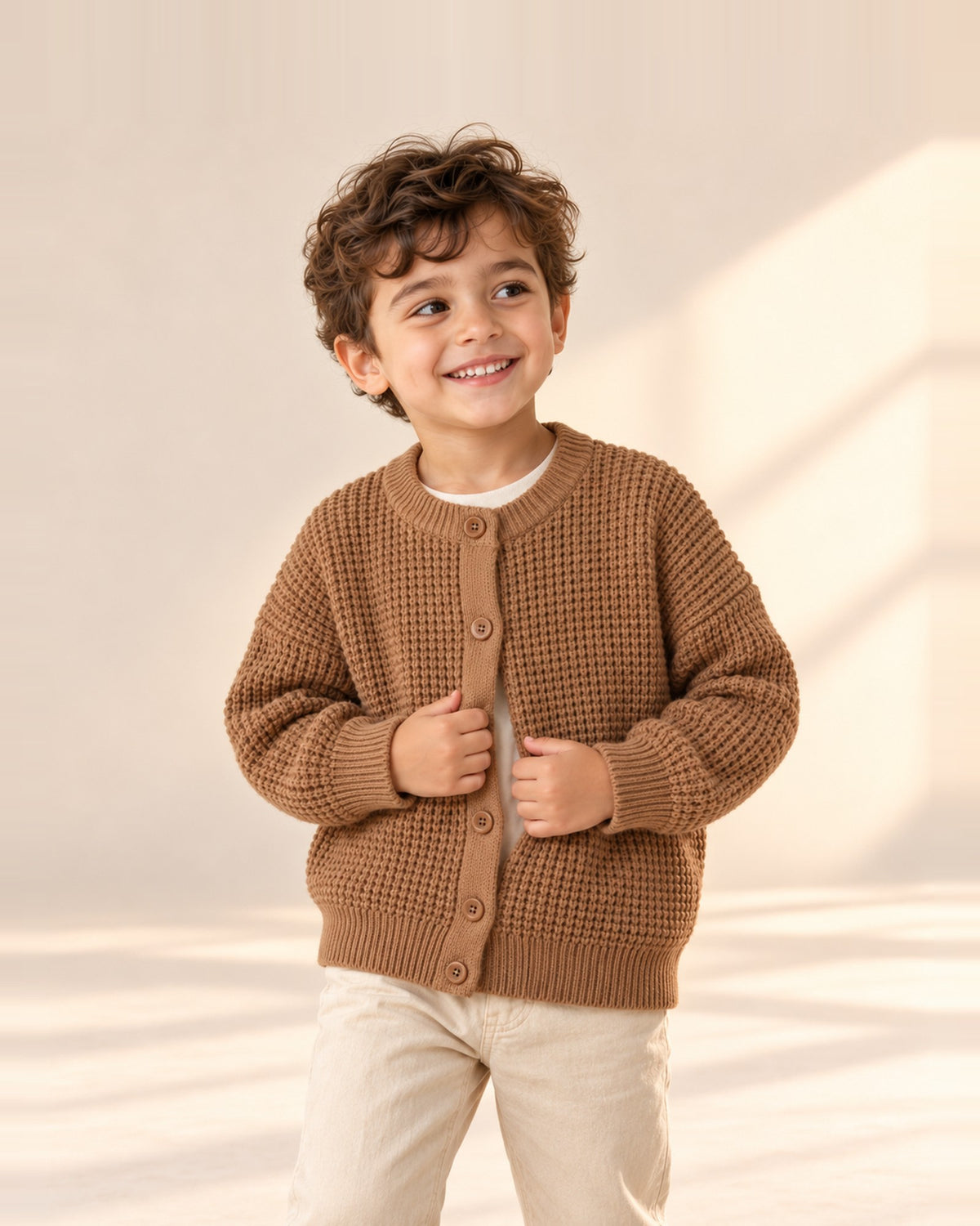 Wesley Waffle Knit Cardigan in Camel – main