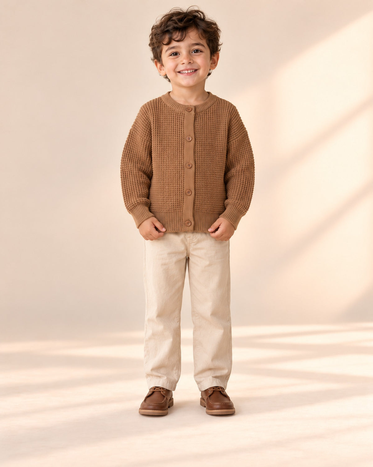 Wesley Waffle Knit Cardigan in Camel – full front view