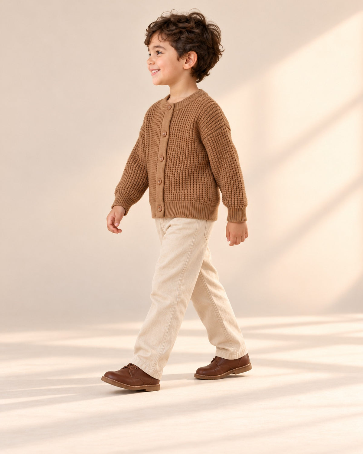 Wesley Waffle Knit Cardigan in Camel – side view