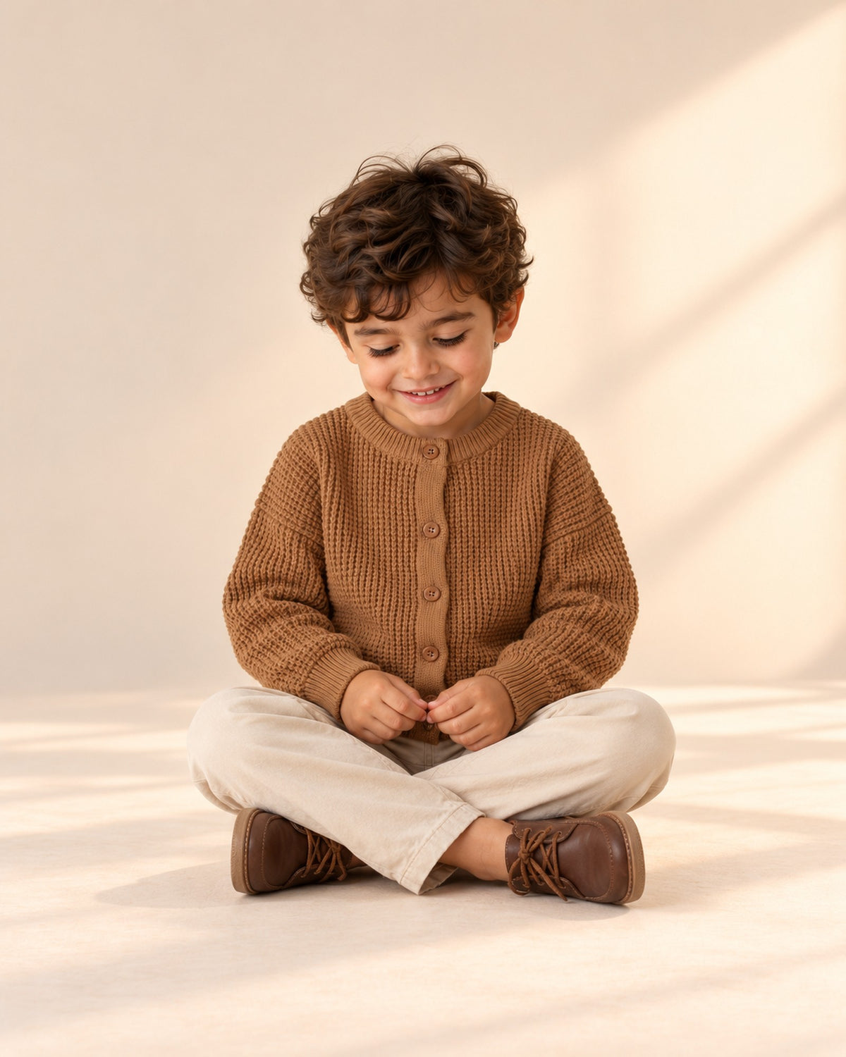Wesley Waffle Knit Cardigan in Camel – natural pose
