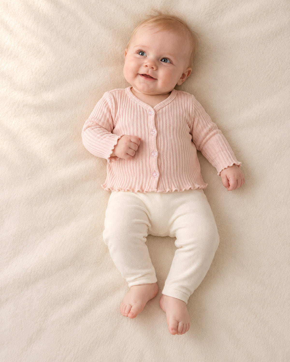 Close-up of the pink ribbed baby cardigan with lettuce-edge ruffles – Pink