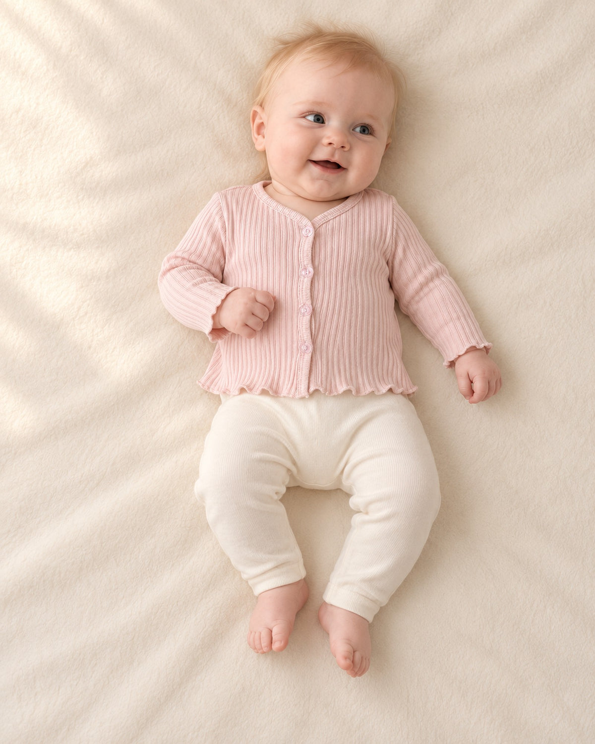 Front view of a baby in the open pink cardigan over a cream stand collar knit bodysuit, full length – Pink