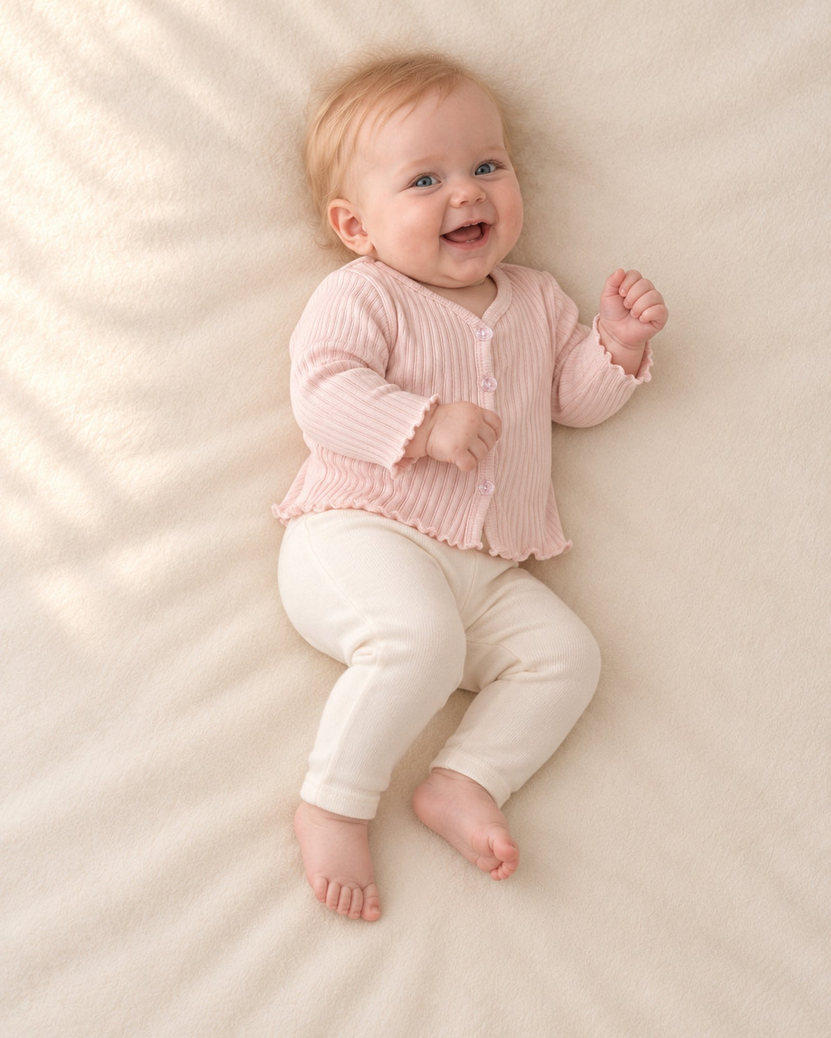 Side view of the pink ribbed cardigan over the cream bodysuit – Pink