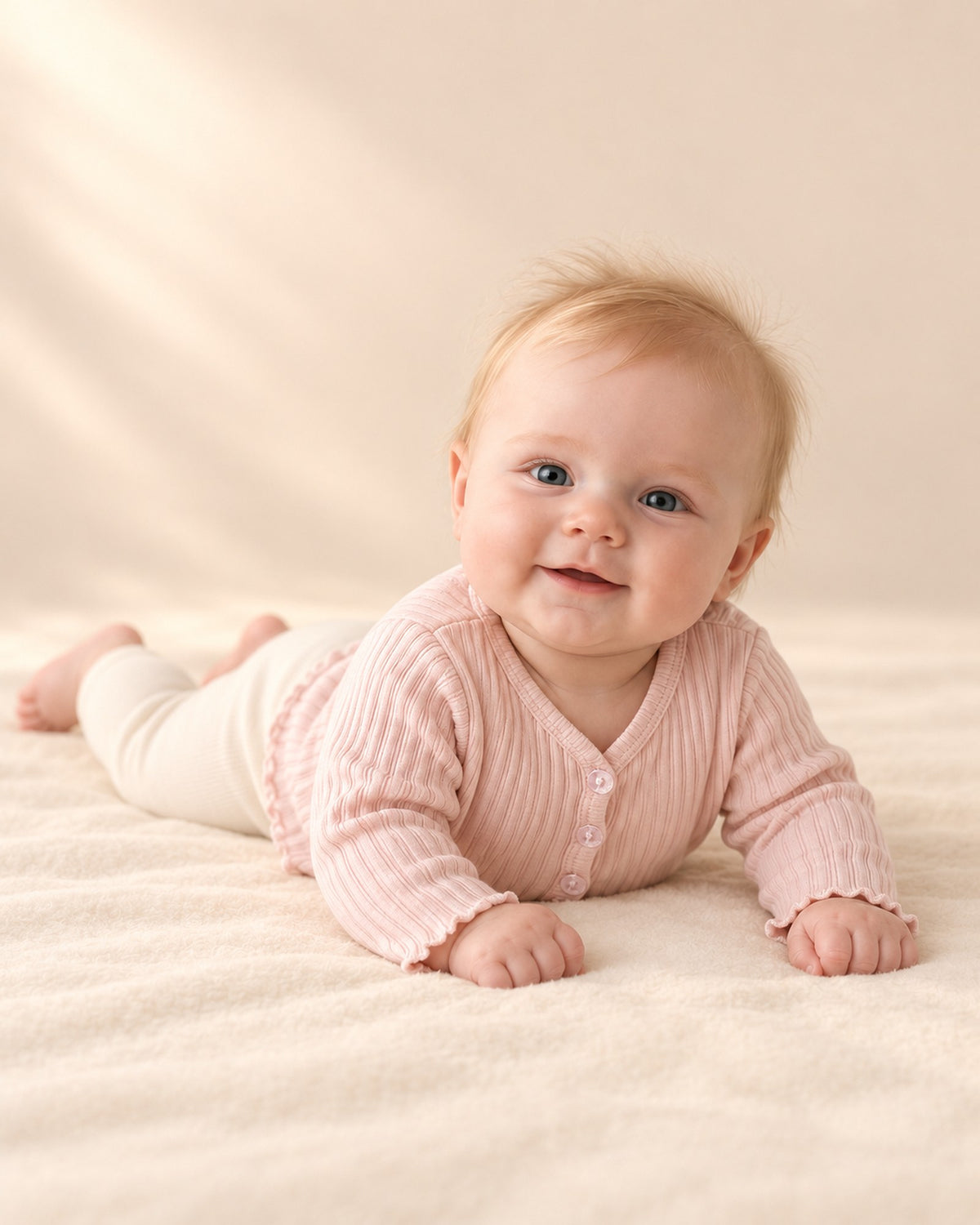 Baby in the open pink cardigan and cream knit bodysuit, shown relaxed – Pink
