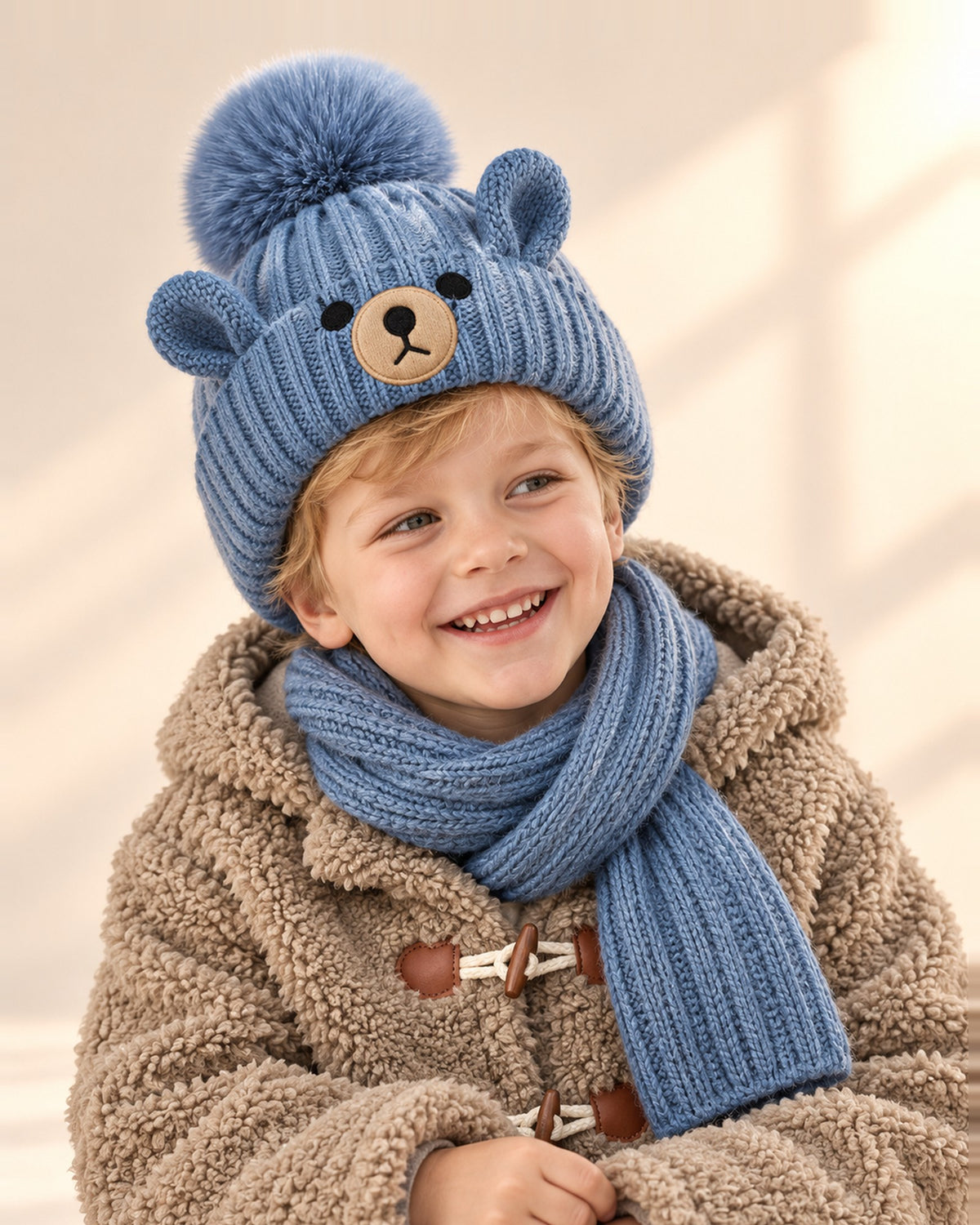 Boy wearing the Rory dusty blue bear hat and scarf, head and shoulders – Dusty Blue