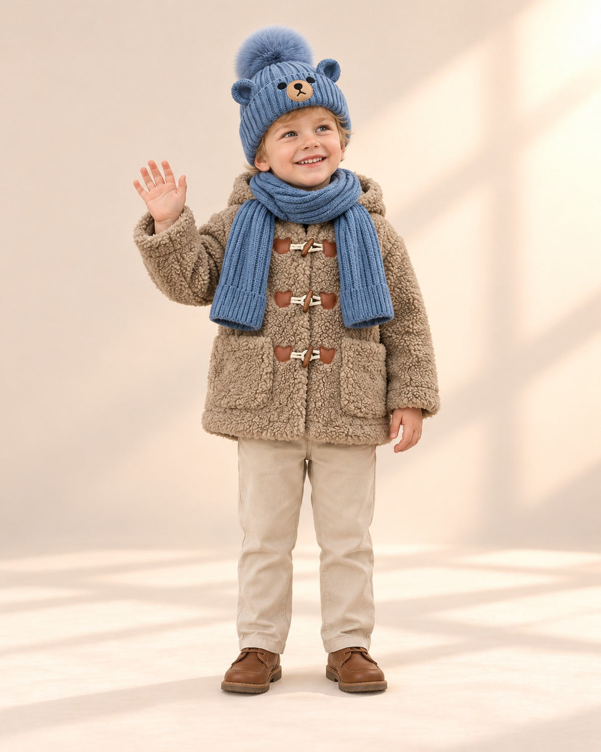 Front view of a boy in the blue bear hat, scarf and taupe teddy duffle coat, full length – Dusty Blue