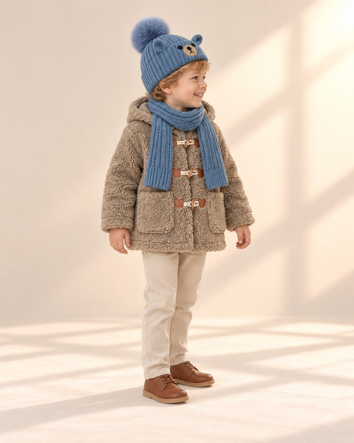 Side view of the bear ear hat and scarf with the teddy duffle coat – Dusty Blue