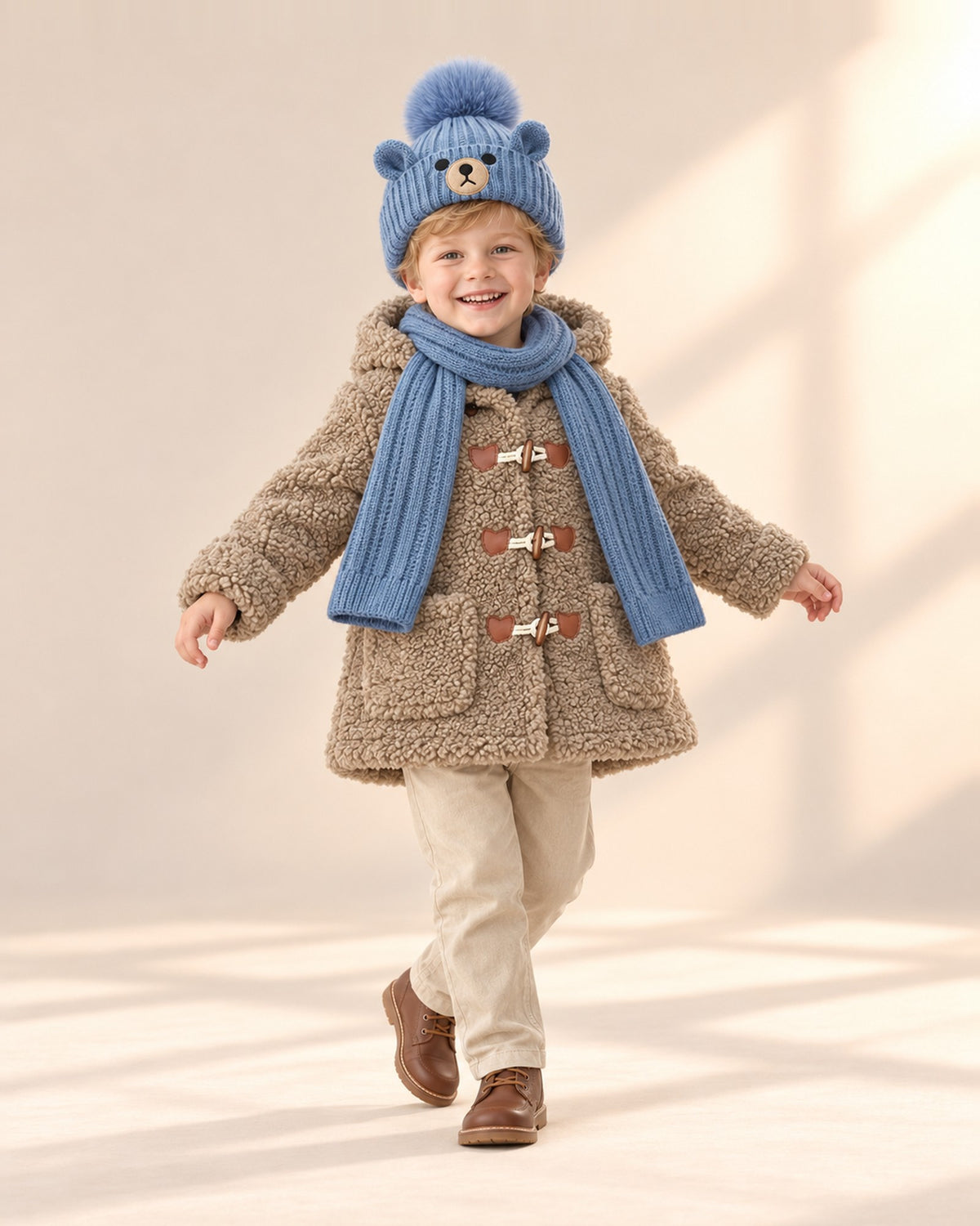 Boy walking in the blue bear hat, scarf and teddy duffle coat – Dusty Blue