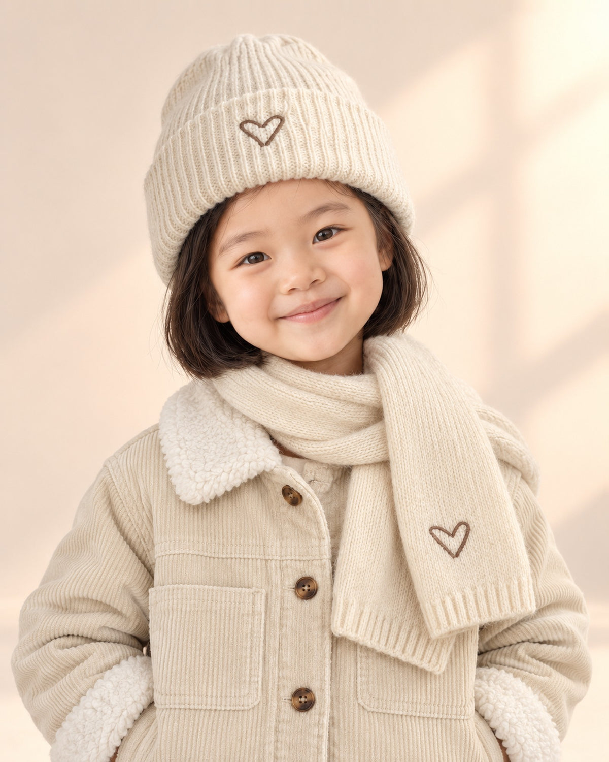 Close-up of the cream knit hat and scarf set with small embroidered hearts – Cream
