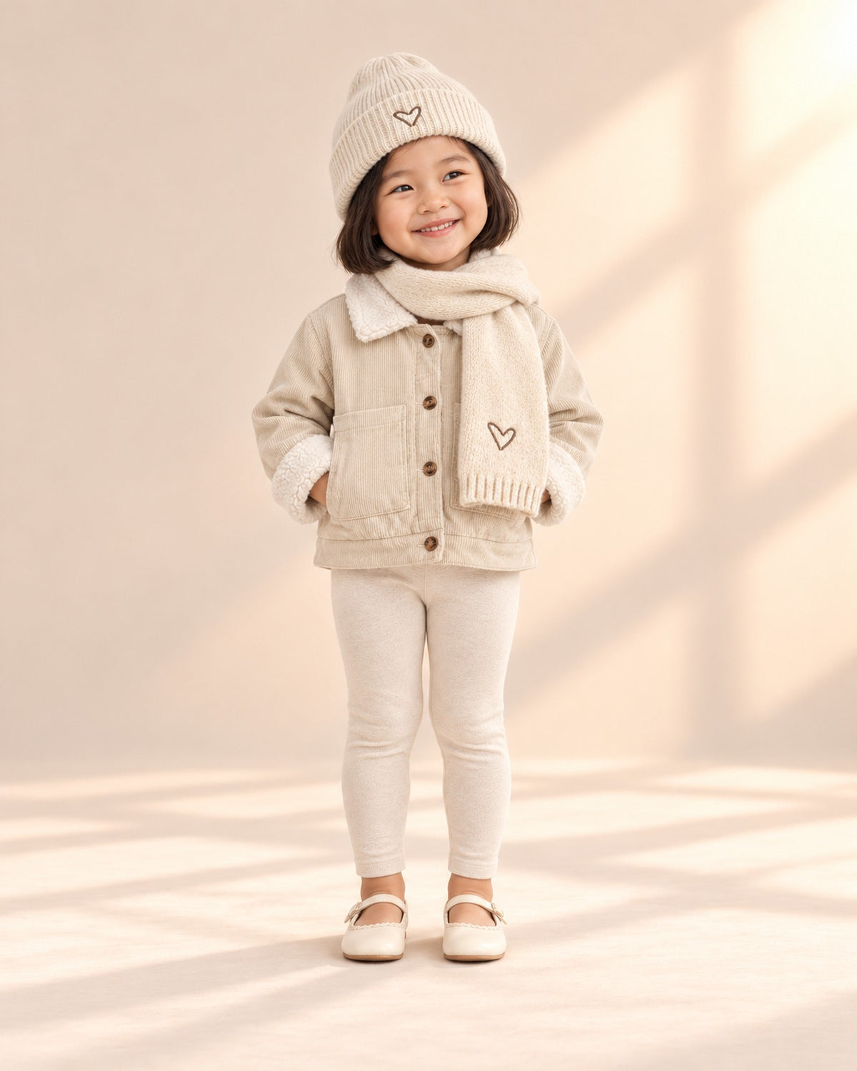 Front view of a girl in the cream heart hat and scarf with a cream corduroy sherpa jacket, full length – Cream