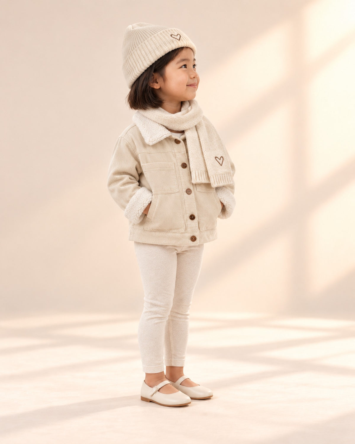 Side view of the heart knit hat and scarf with the sherpa jacket – Cream