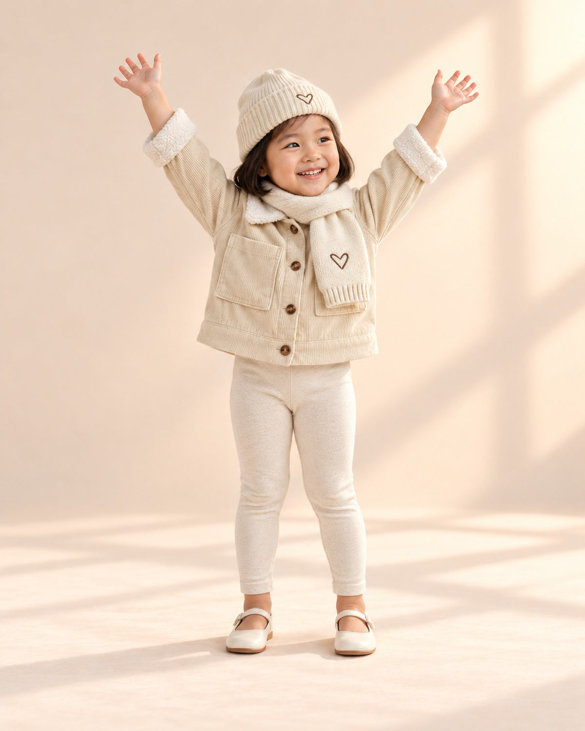 Girl wearing the cream heart hat, scarf and sherpa jacket, standing at ease – Cream