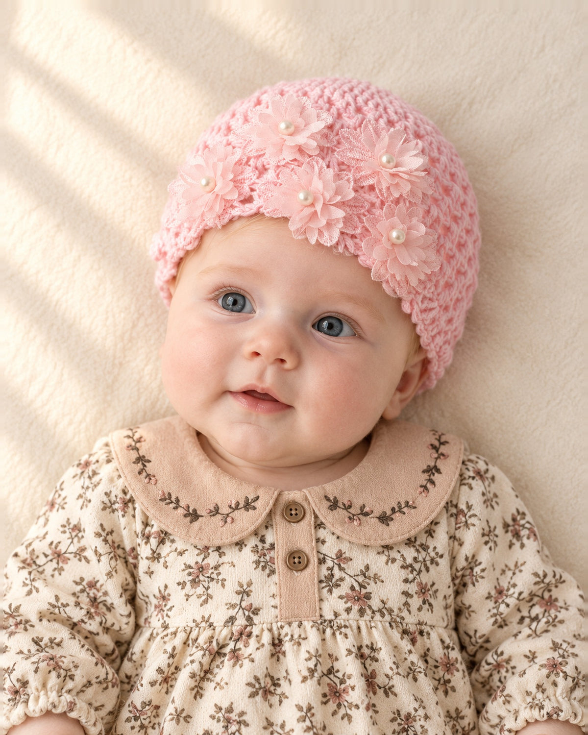 Close-up of the pale pink crochet baby hat with flowers and pearl-look centers – Pink