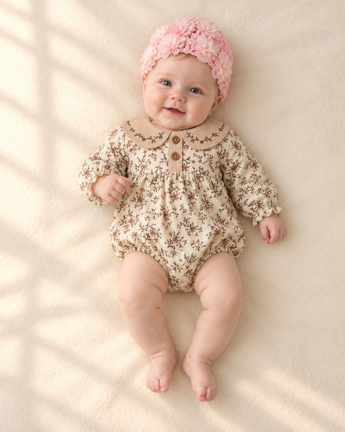 Front view of a baby in the pink crochet flower hat and a cream floral bubble romper, full length – Pink
