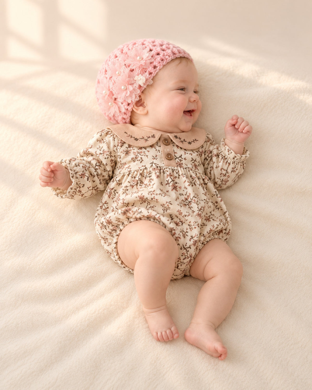 Side view of the crochet flower hat with the floral romper – Pink