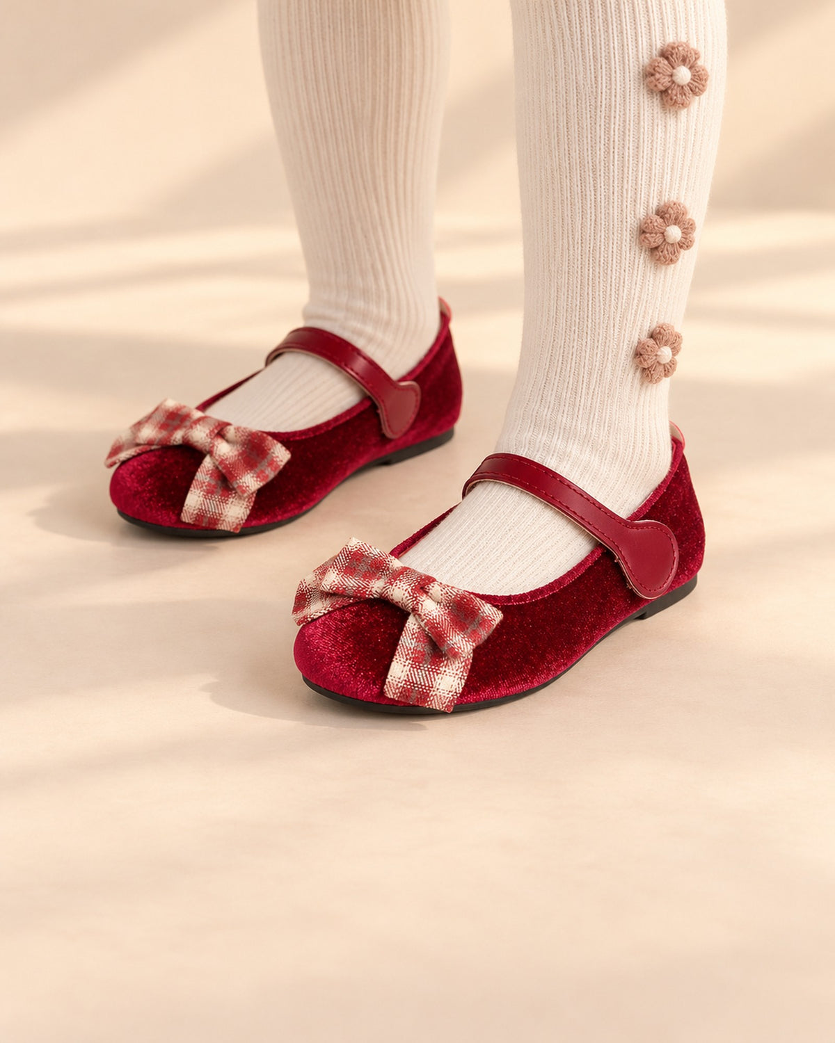 Close-up of a girl's feet in red velvet ballet flats with plaid bows, worn with cream tights – Red
