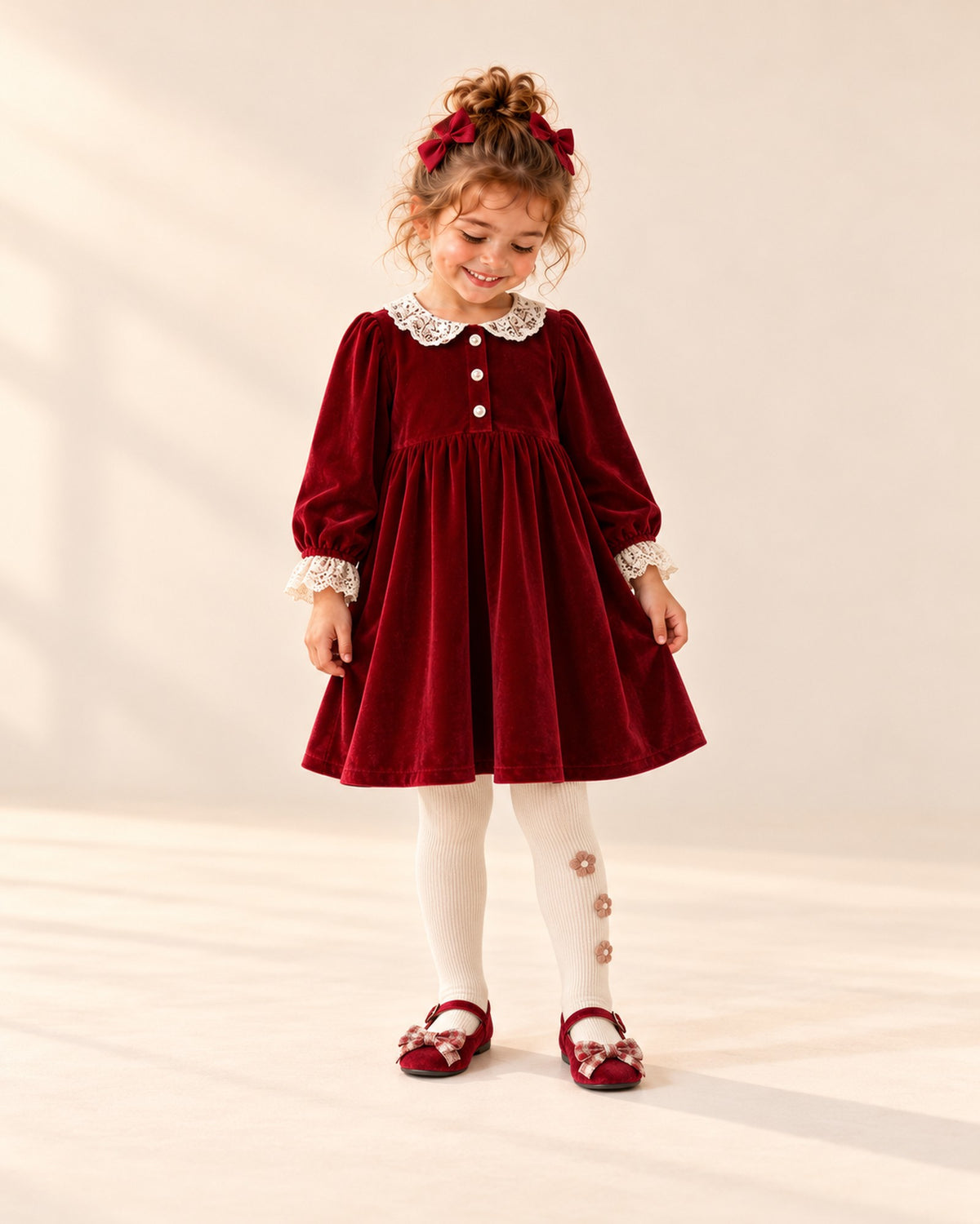 Front view of a girl in a red velvet dress with lace collar, cream flower tights and red velvet bow flats, full length – Red