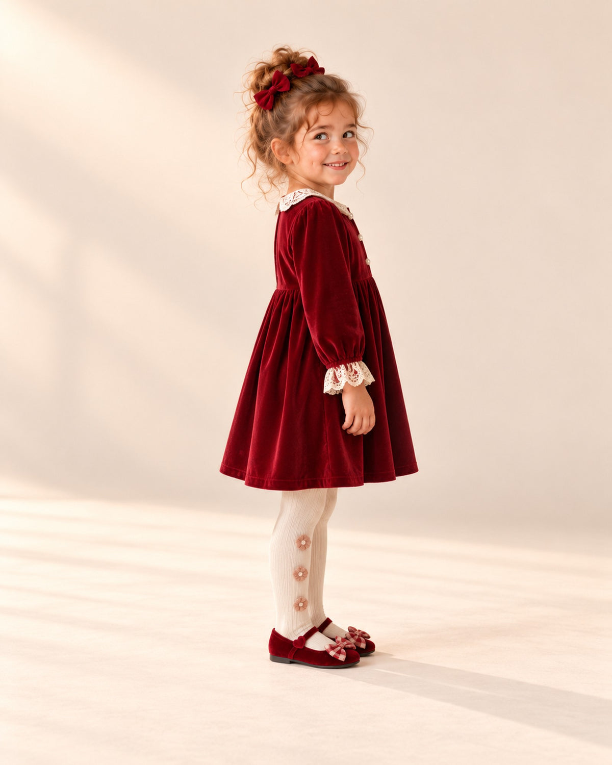 Side view showing the thin strap and flat sole of the red velvet flats – Red