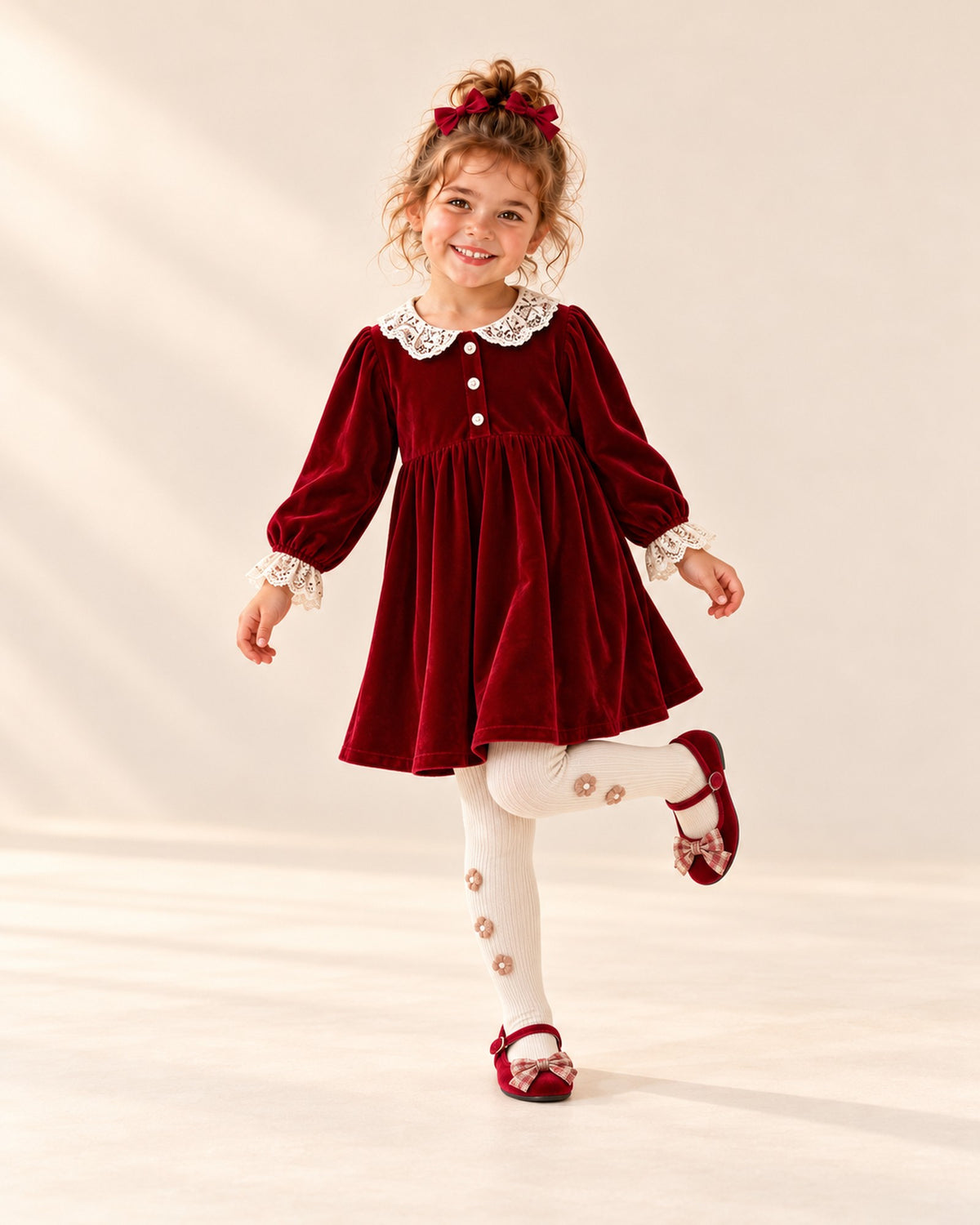 Girl in her red velvet holiday outfit, red bow clips and velvet bow flats in a relaxed pose – Red