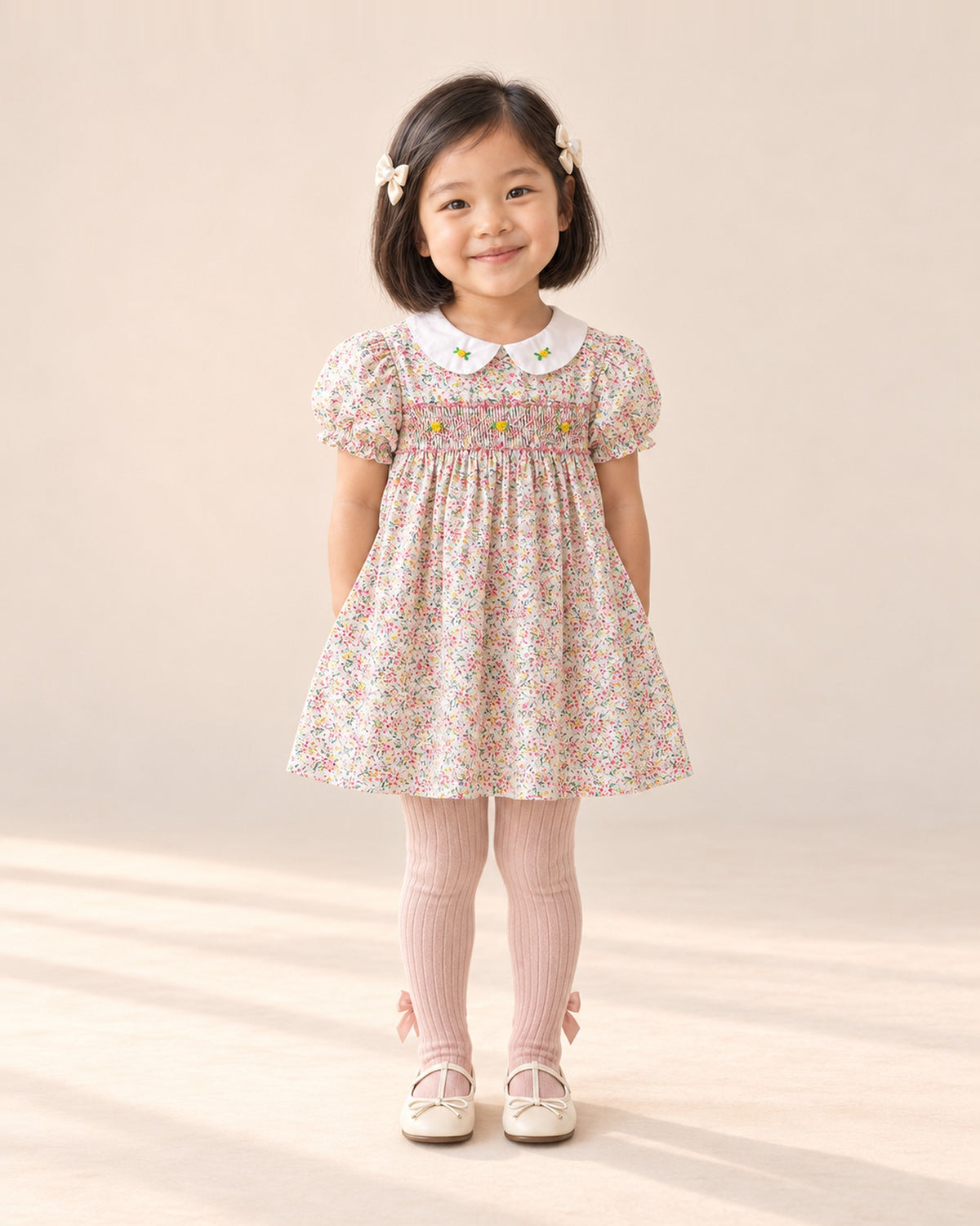 Front view of a girl in a pink smocked floral dress, blush tights and cream bow flats, full length – Cream