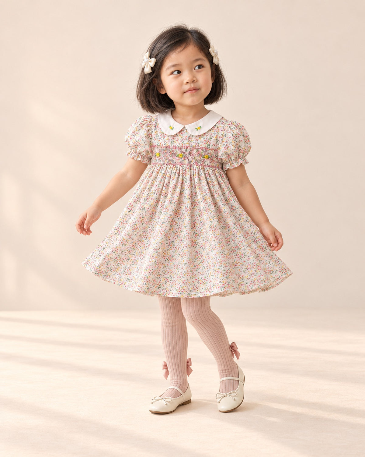 Girl twirling in her floral party outfit with cream satin bow clips and cream flats – Cream