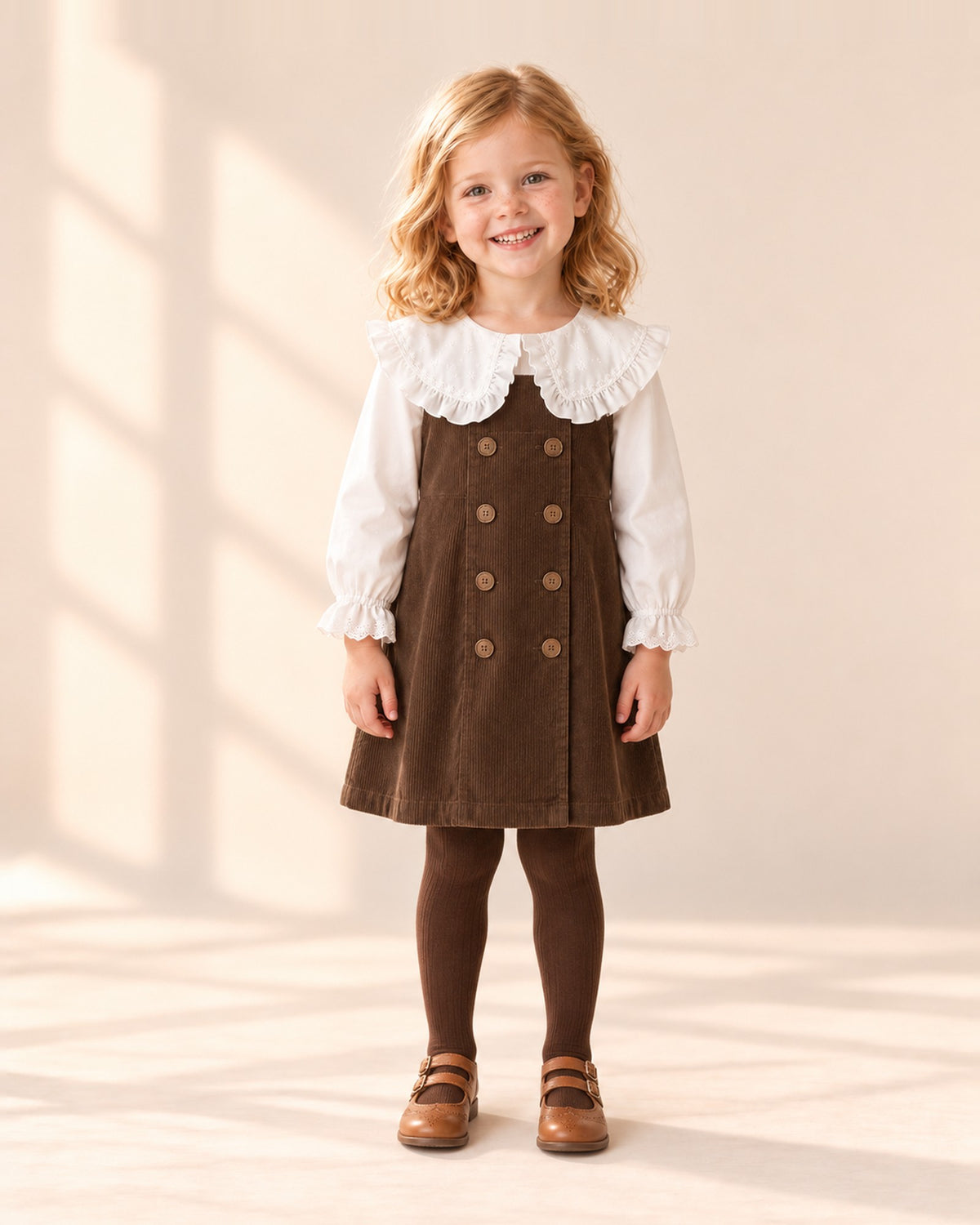 Front view of a girl in a chocolate corduroy pinafore, white ruffle collar blouse, brown tights and cognac Mary Janes, full length – Cognac