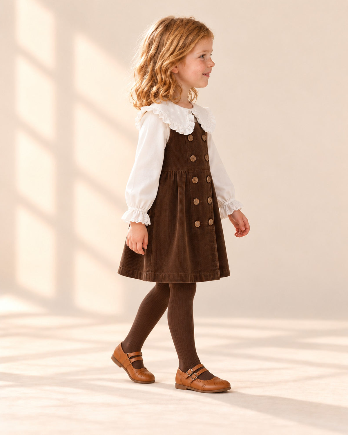Side view of the cognac Mary Janes showing the two straps and brogue edging – Cognac