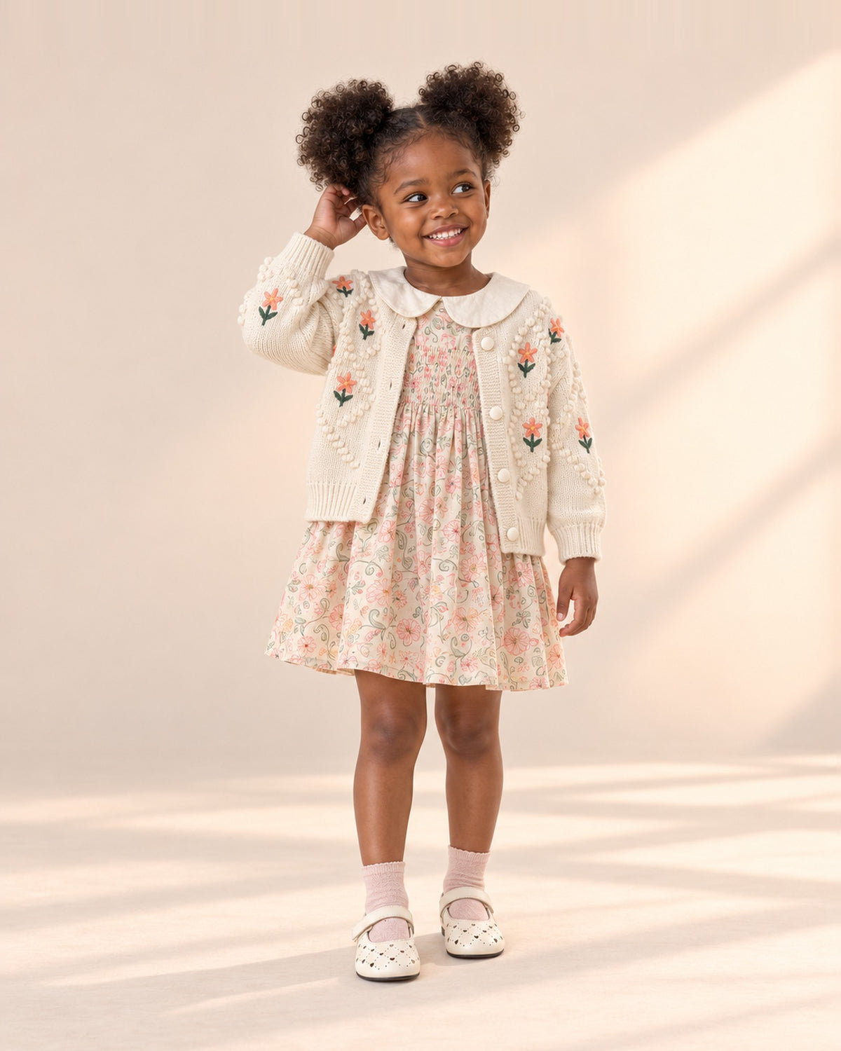 Front view of a girl in a pink floral smock dress, cream flower cardigan, soft pink socks and cream Mary Janes, full length – Cream