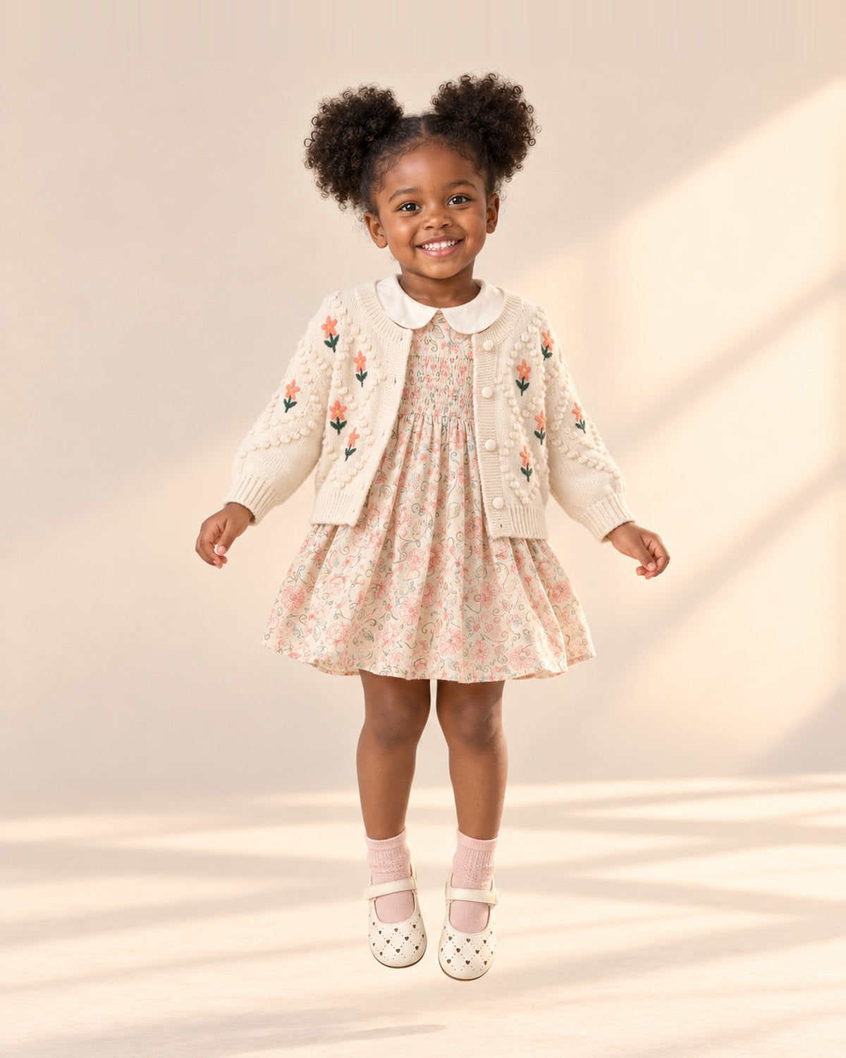 Girl picking flowers in her floral dress and cream perforated Mary Janes – Cream