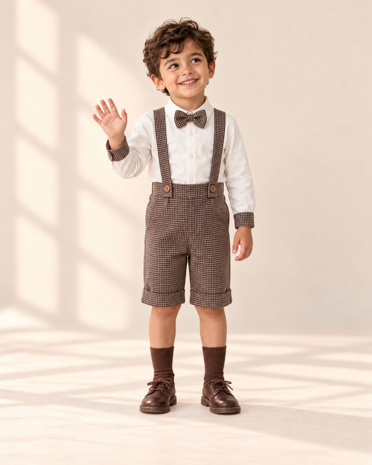 Front view of a boy in a houndstooth gentleman set and brown derby shoes, full length – Brown