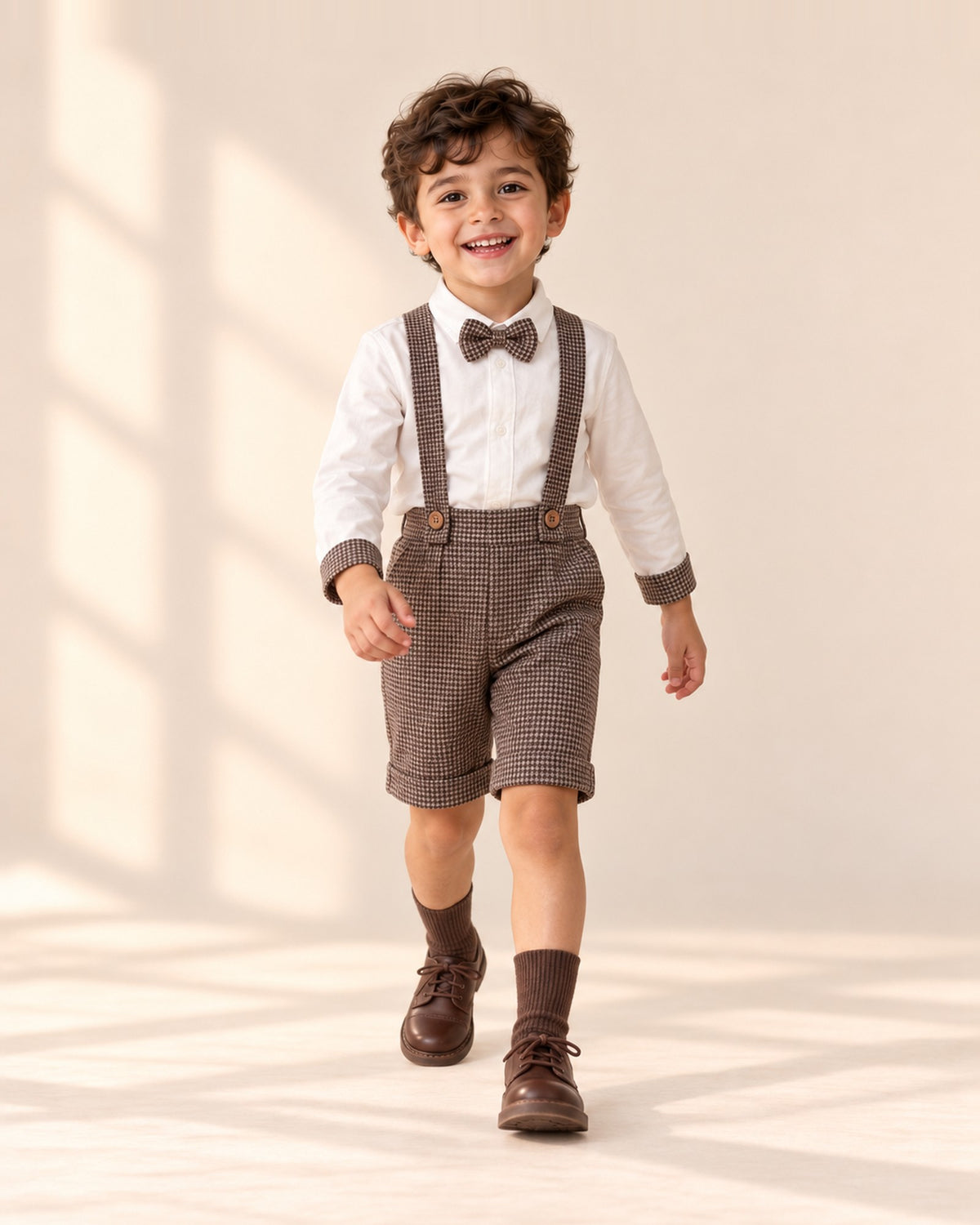 Boy sitting on a chair in his houndstooth outfit and brown lace-up shoes – Brown