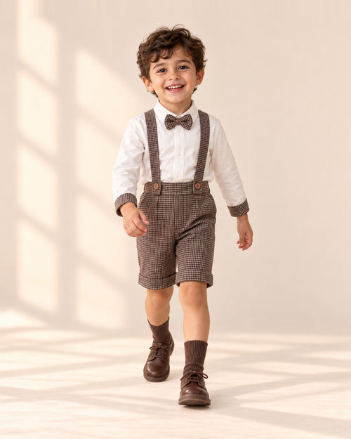 Boy sitting on a chair in his houndstooth outfit and brown lace-up shoes – Brown