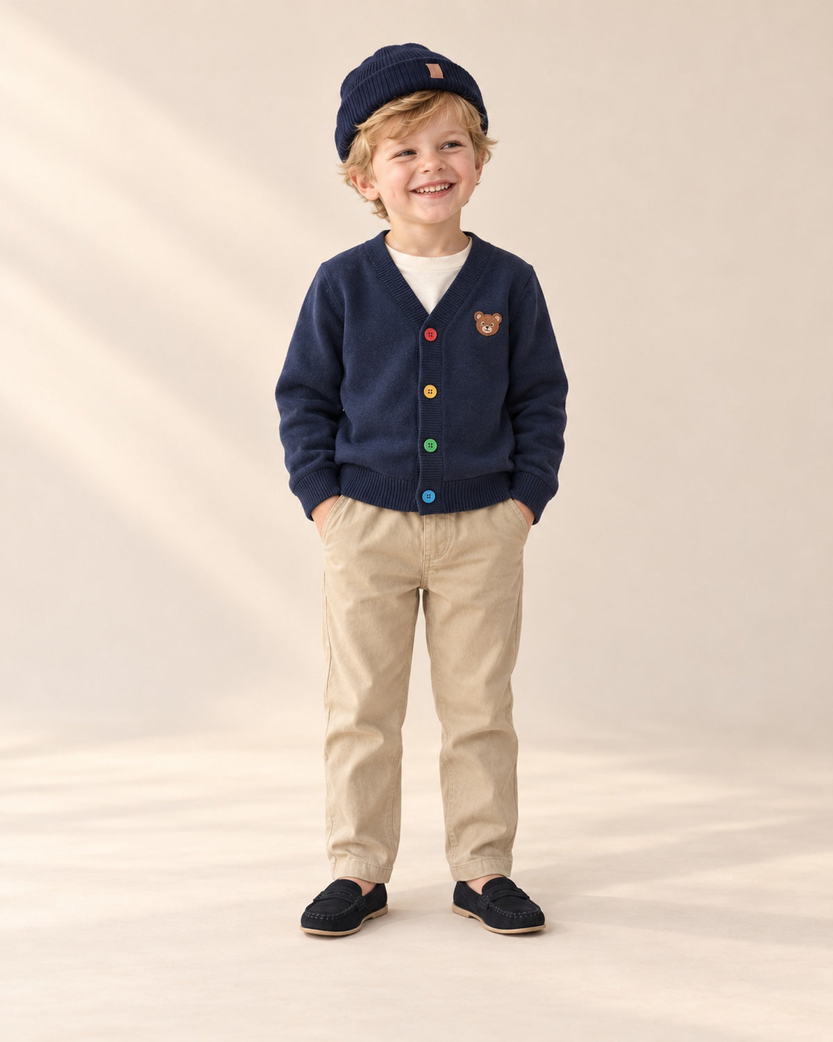 Front view of a boy in a navy bear cardigan, cream tee, khaki chinos, navy beanie and black loafers, full length – Black