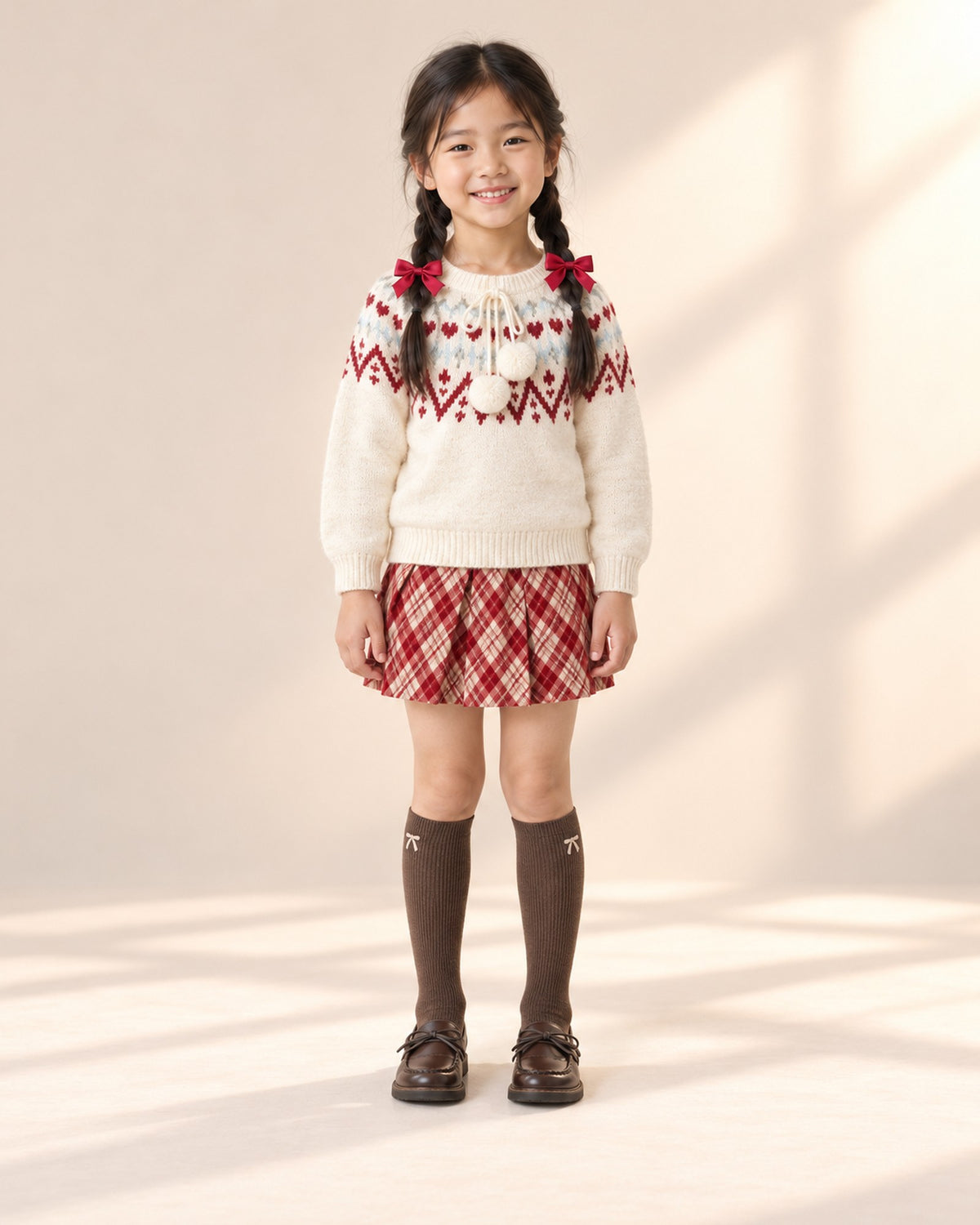 Front view of a girl in a Fair Isle sweater, plaid skirt, brown knee socks and bow loafers, full length – Brown