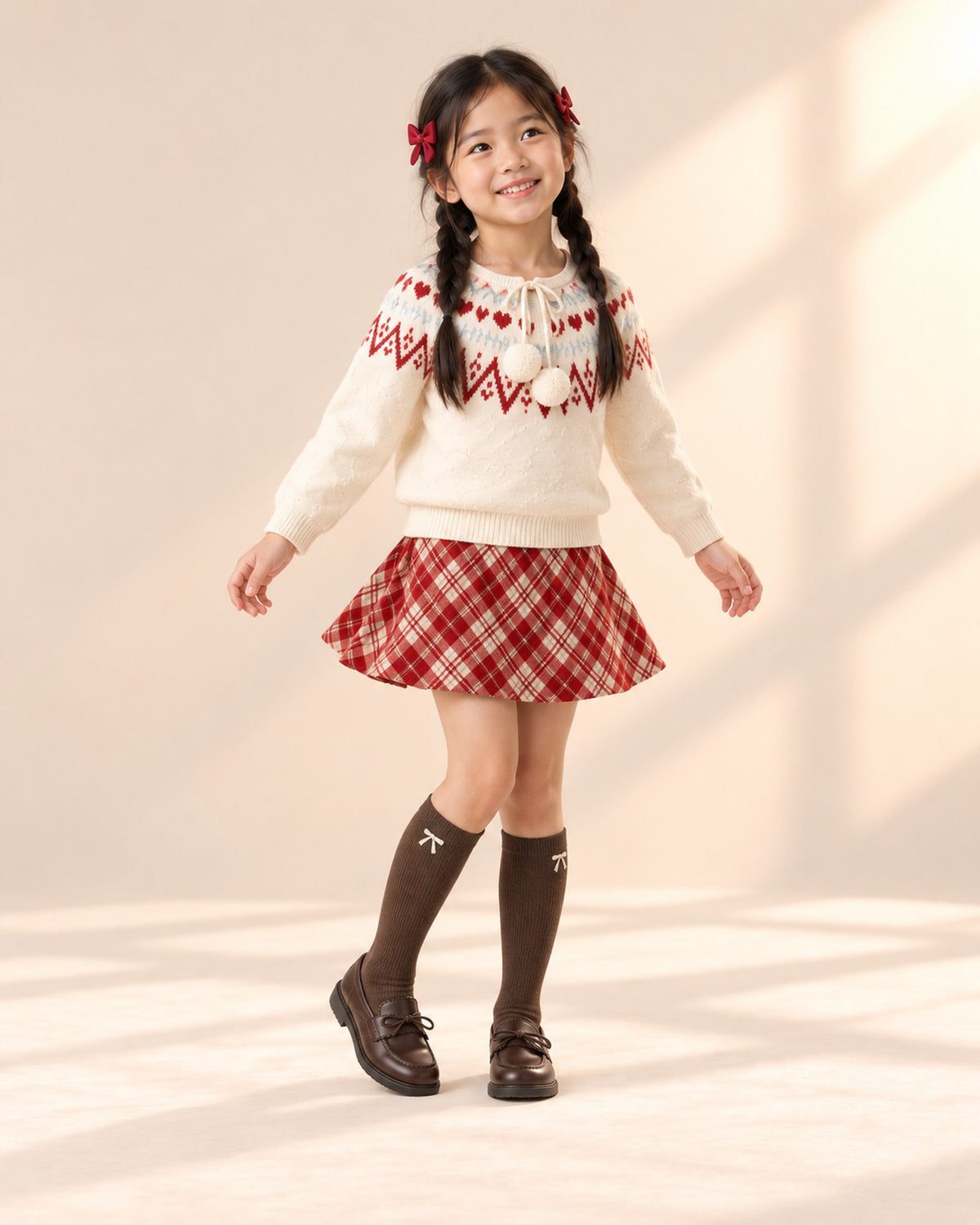 Girl in her Fair Isle Christmas outfit and brown loafers, sitting by a window – Brown