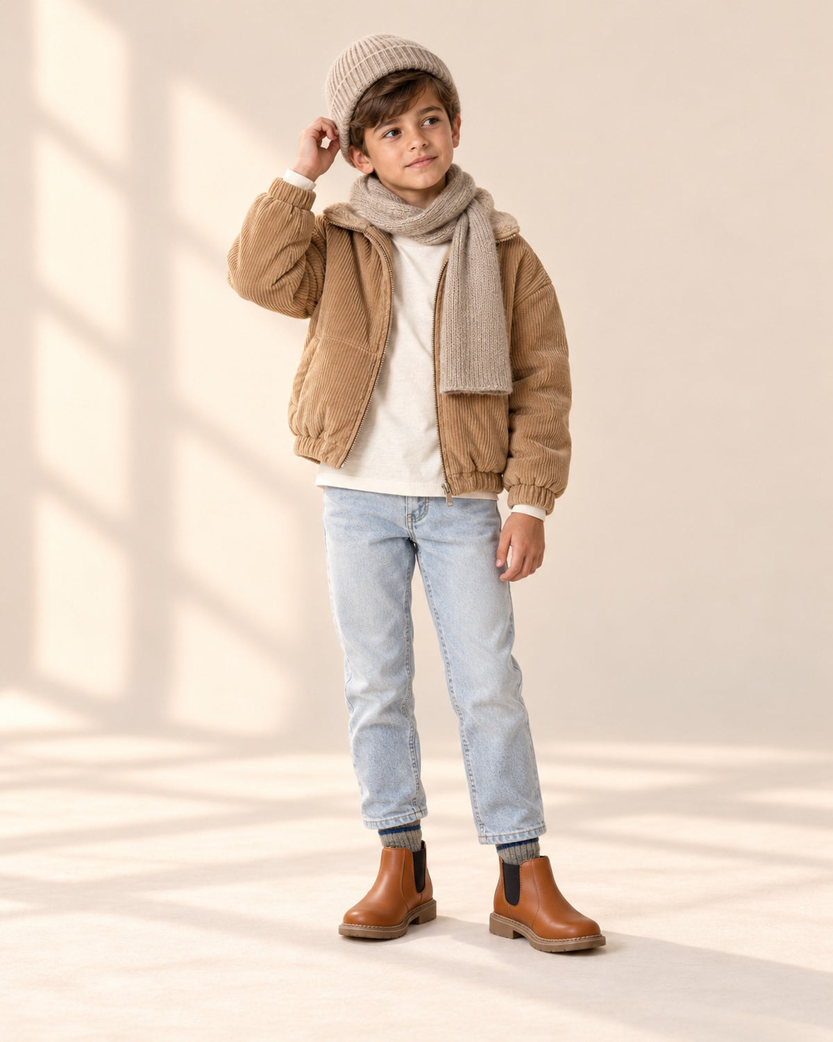 Front view of a boy in a camel corduroy jacket, cream tee, light-wash jeans and cognac Chelsea boots, full length – Cognac
