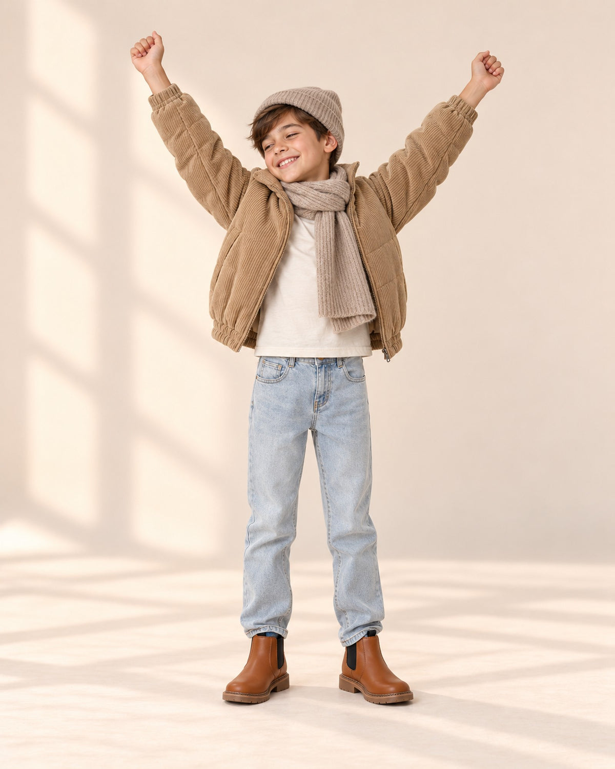 Boy in his camel jacket, knit beanie and scarf and cognac Chelsea boots, mid-stride – Cognac