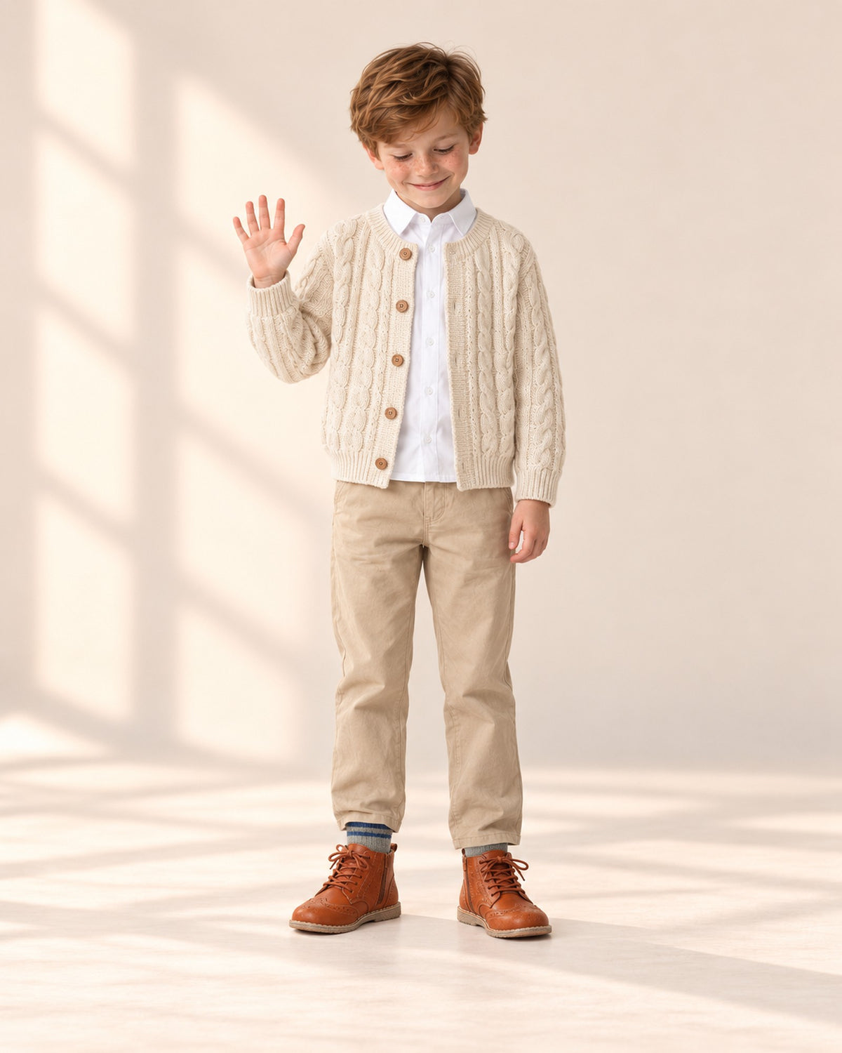 Front view of a boy in a cream cable cardigan, white collared shirt, khaki chinos and cognac brogue boots, full length – Cognac