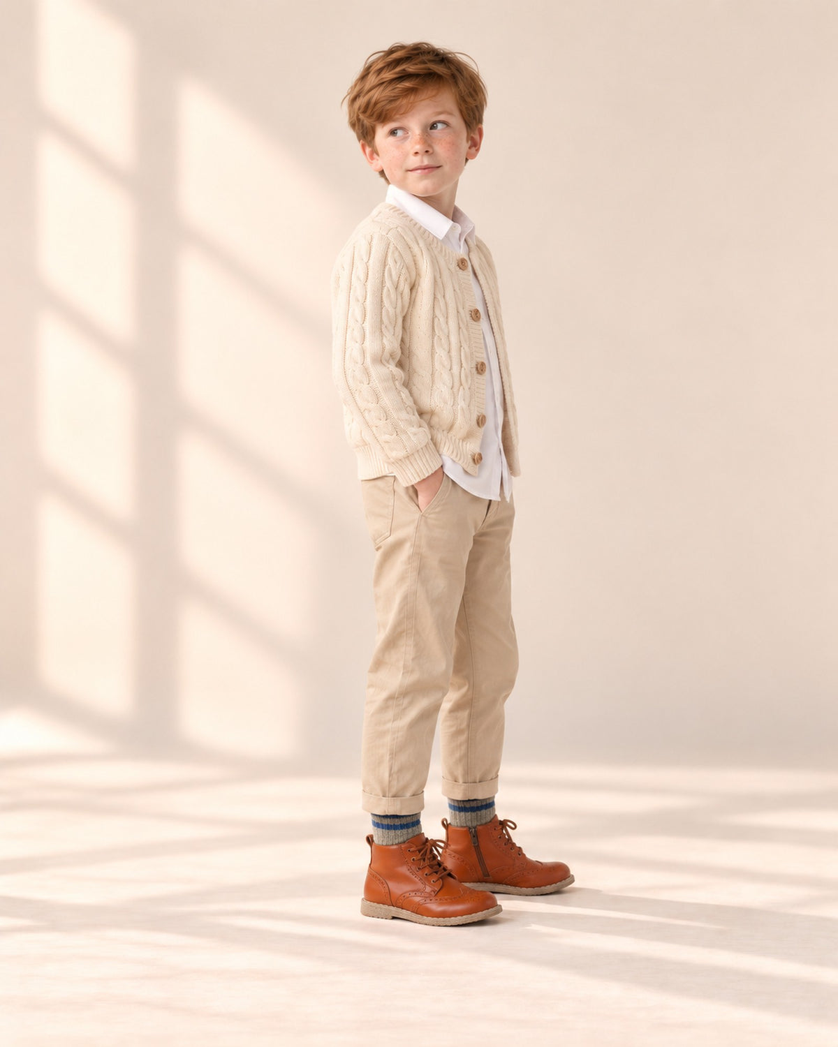 Side view of the brogue boots showing the wingtip detail and side zip – Cognac