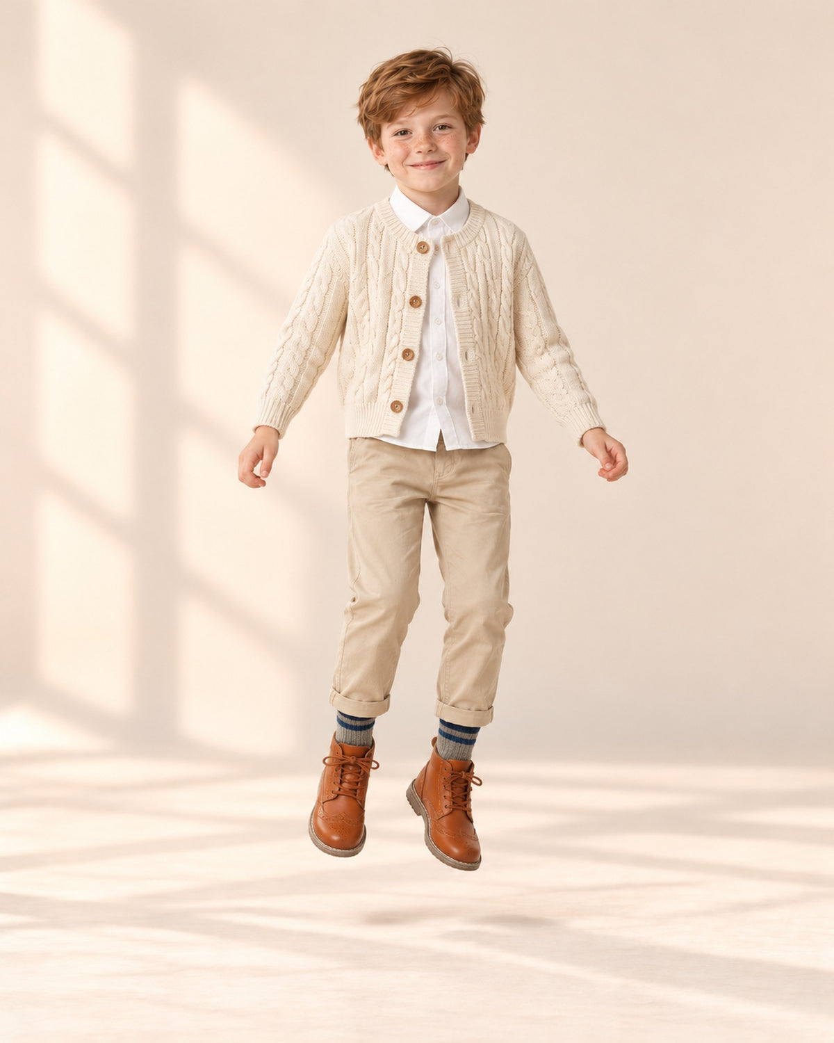 Boy sitting on a bench in his cream cardigan outfit and cognac boots – Cognac