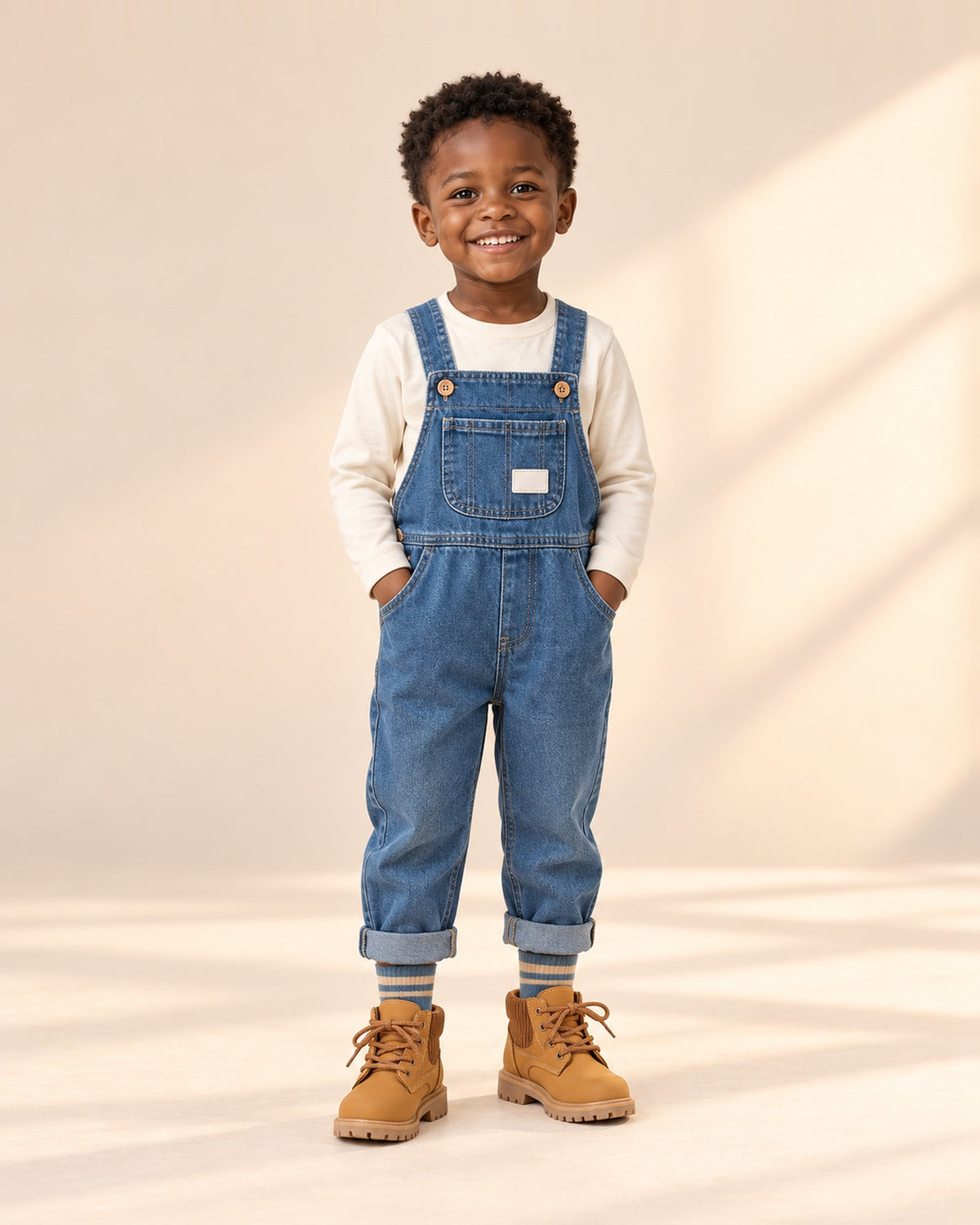 Front view of a boy in denim overalls, a cream long sleeve tee and wheat work boots, full length – Wheat