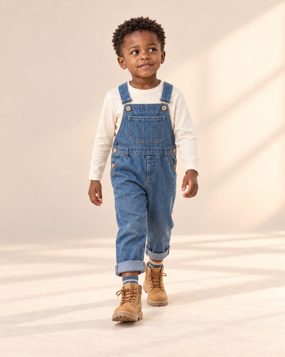 Boy crouching to look at leaves in his overalls and wheat boots – Wheat