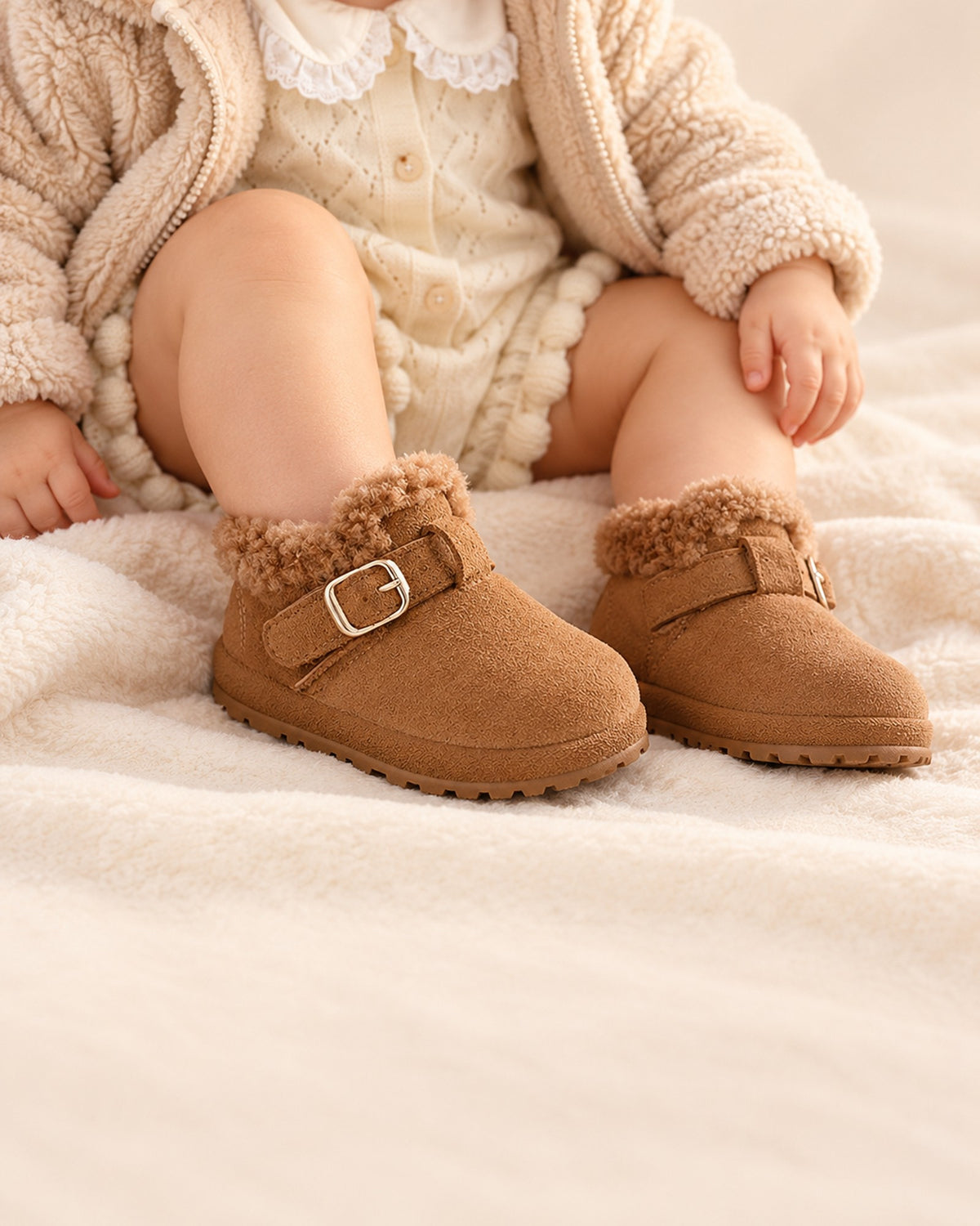 Close-up of a toddler's feet in brown boots with a cream teddy-fleece collar – Brown