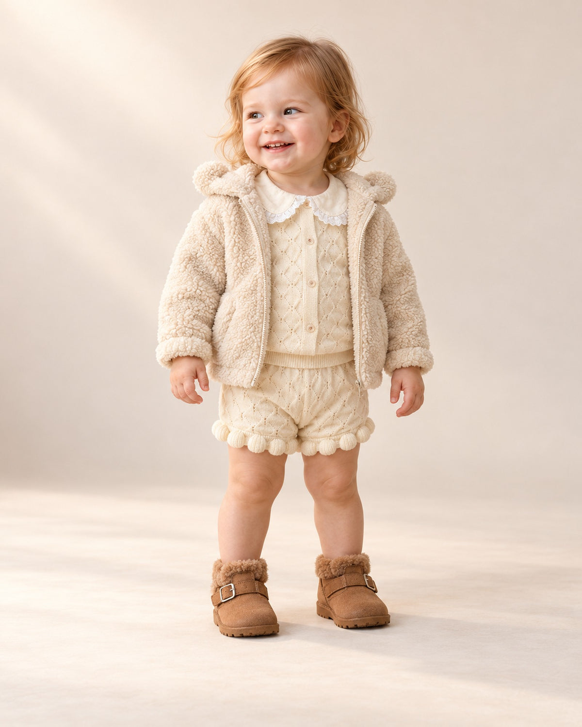 Front view of a toddler in a cream popcorn knit set, teddy sherpa jacket and brown fleece boots, full length – Brown