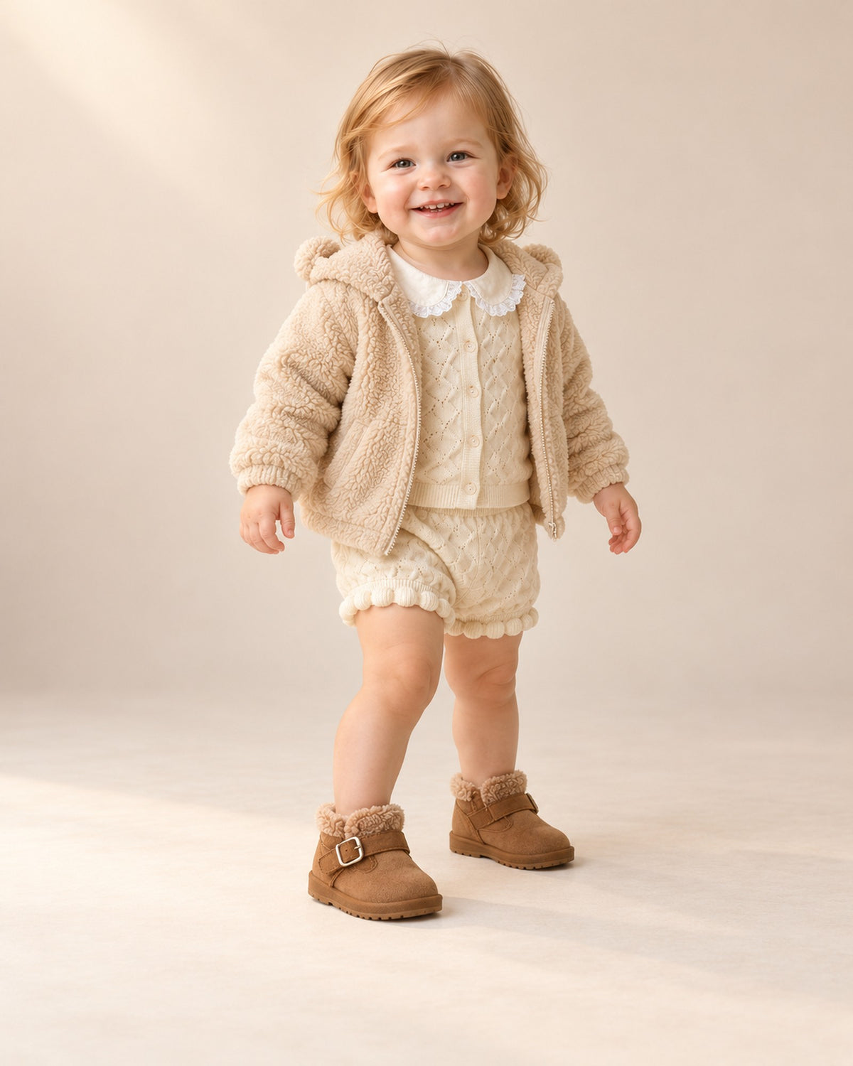 Toddler sitting on a rug in a cream knit outfit and teddy fleece boots – Brown