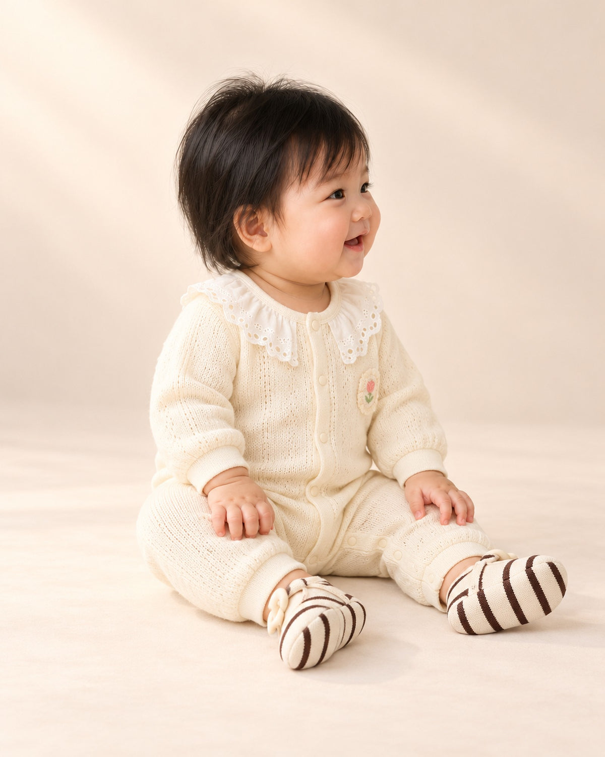 Side view of the striped sock shoes showing the ribbed cuff and soft sole – Brown Stripe