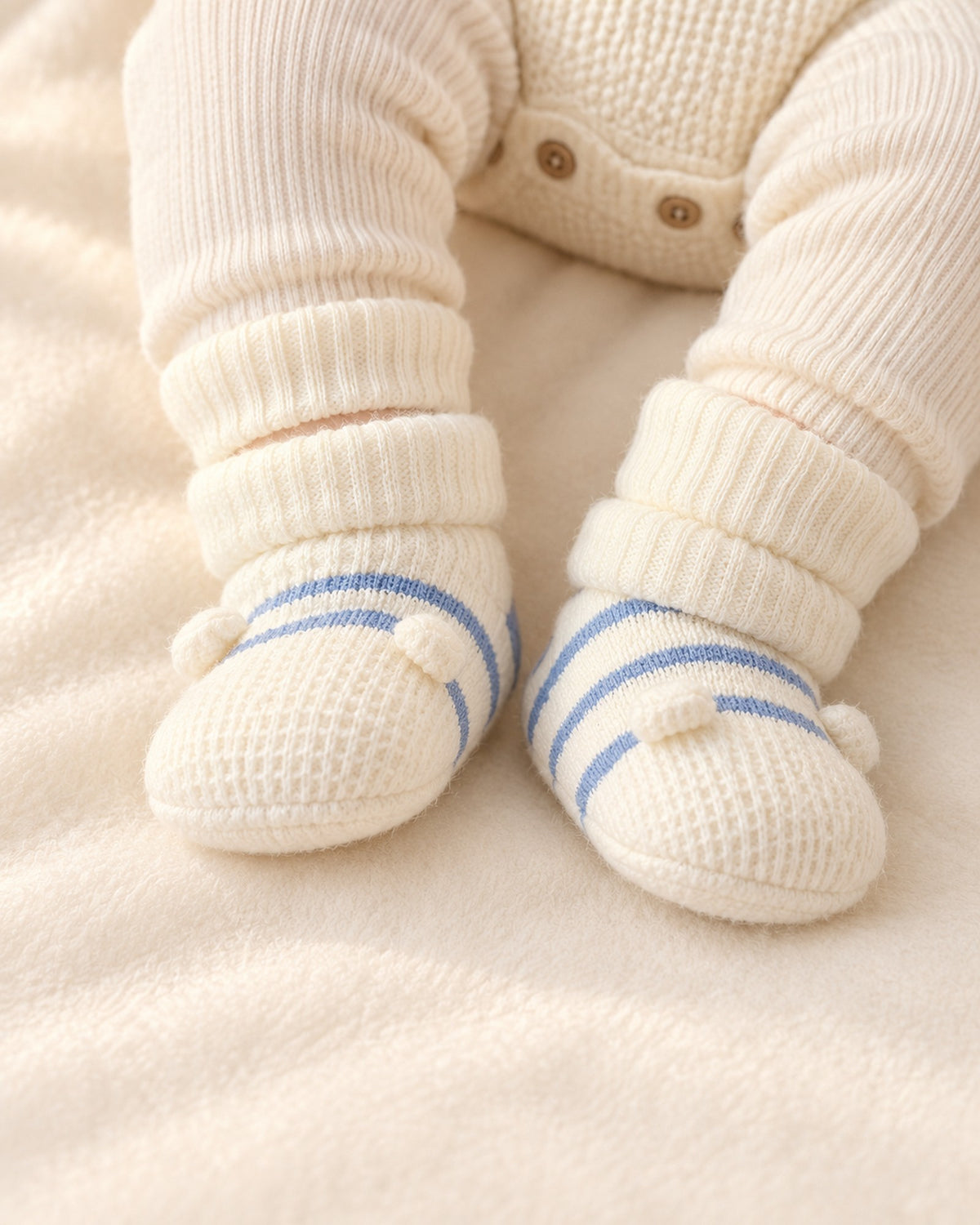 Close-up of a baby's feet in cream knit booties with thin blue stripes – Blue Stripe